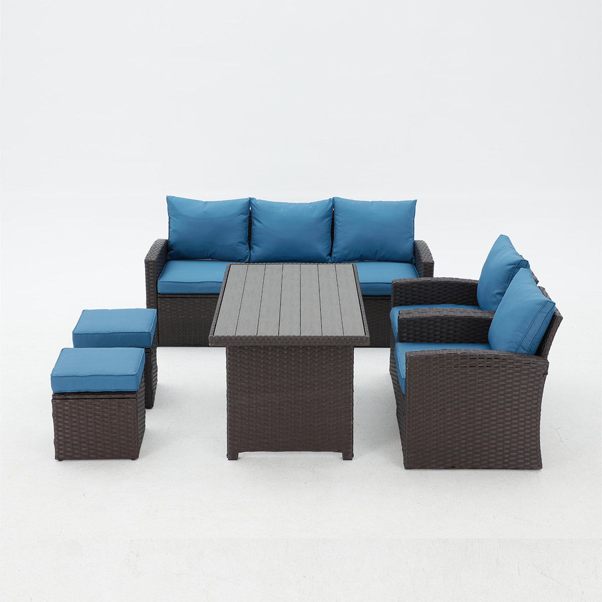 Homrest 6 Pcs Patio Dining Sofa Set with Table, Chair and Ottoman, Blue