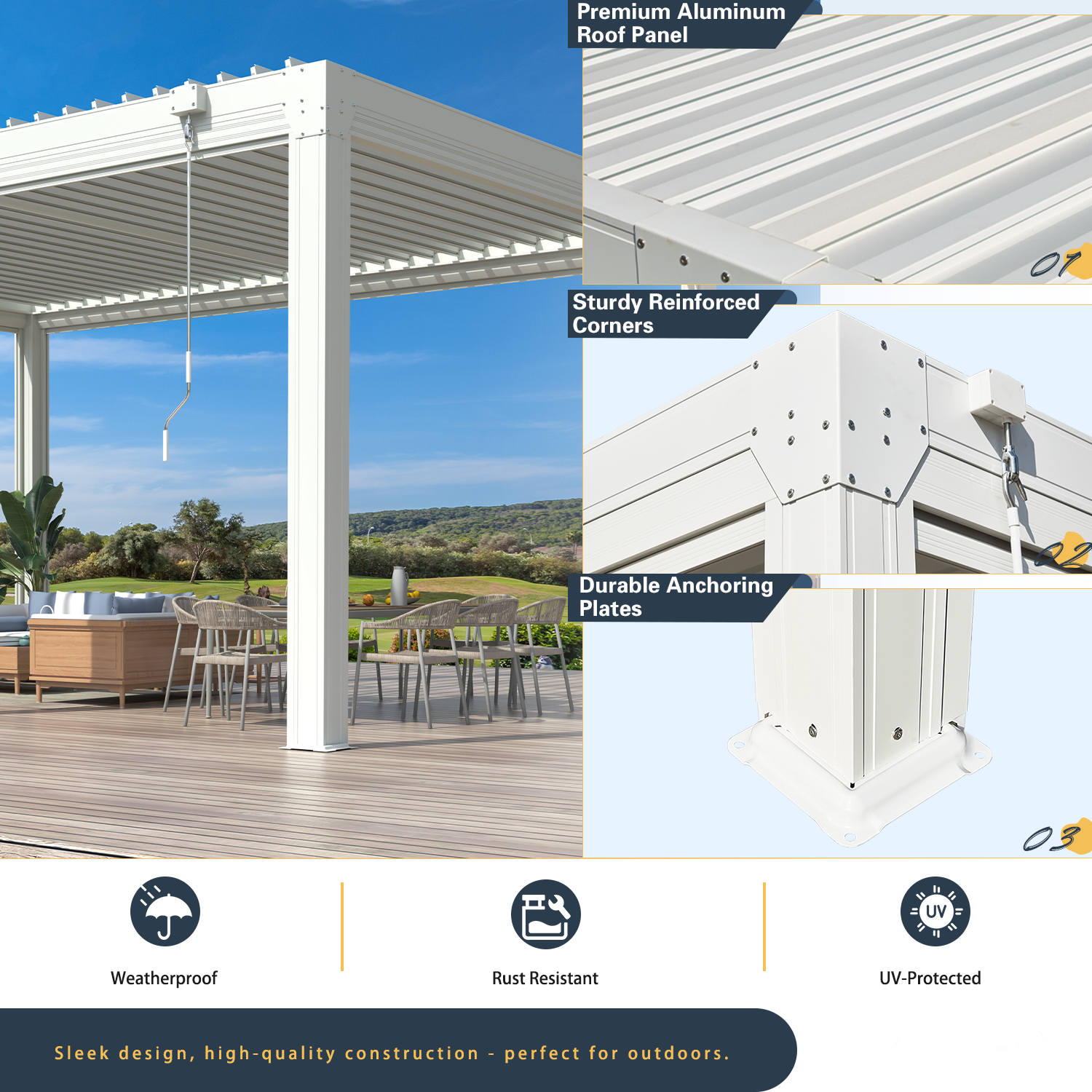 HOMREST 10x20FT Louvered Pergola with 6-Panel Pull-Down Screen, White