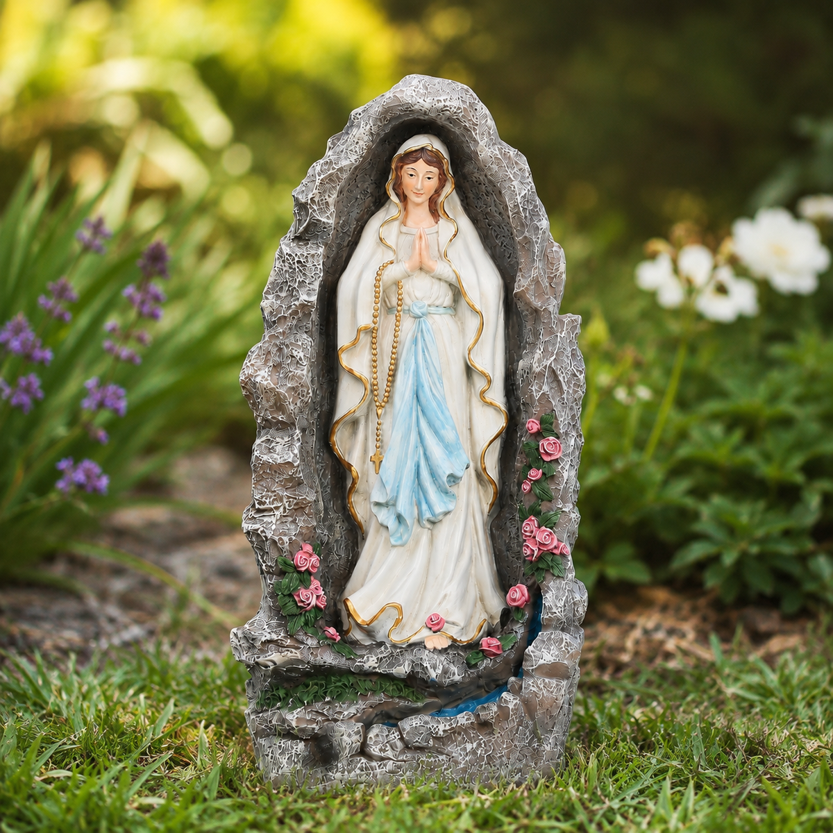 HOMREST Our Lady of Lourdes Statue 17.3 Inch Virgin Mary Grotto Figurine Catholic Praying Sculpture for Garden Home Patio Religious Decor