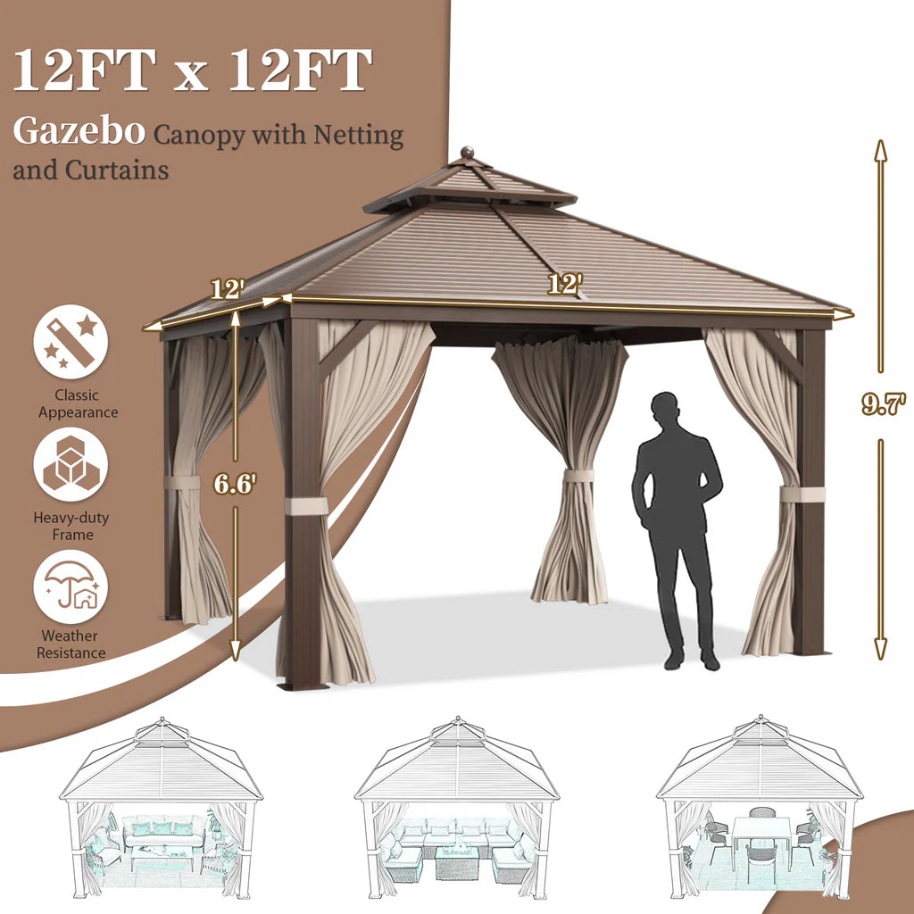 Homrest 12' x 12' Hardtop Gazebo Canopy Galvanized Steel Pergolas with Netting & Curtains