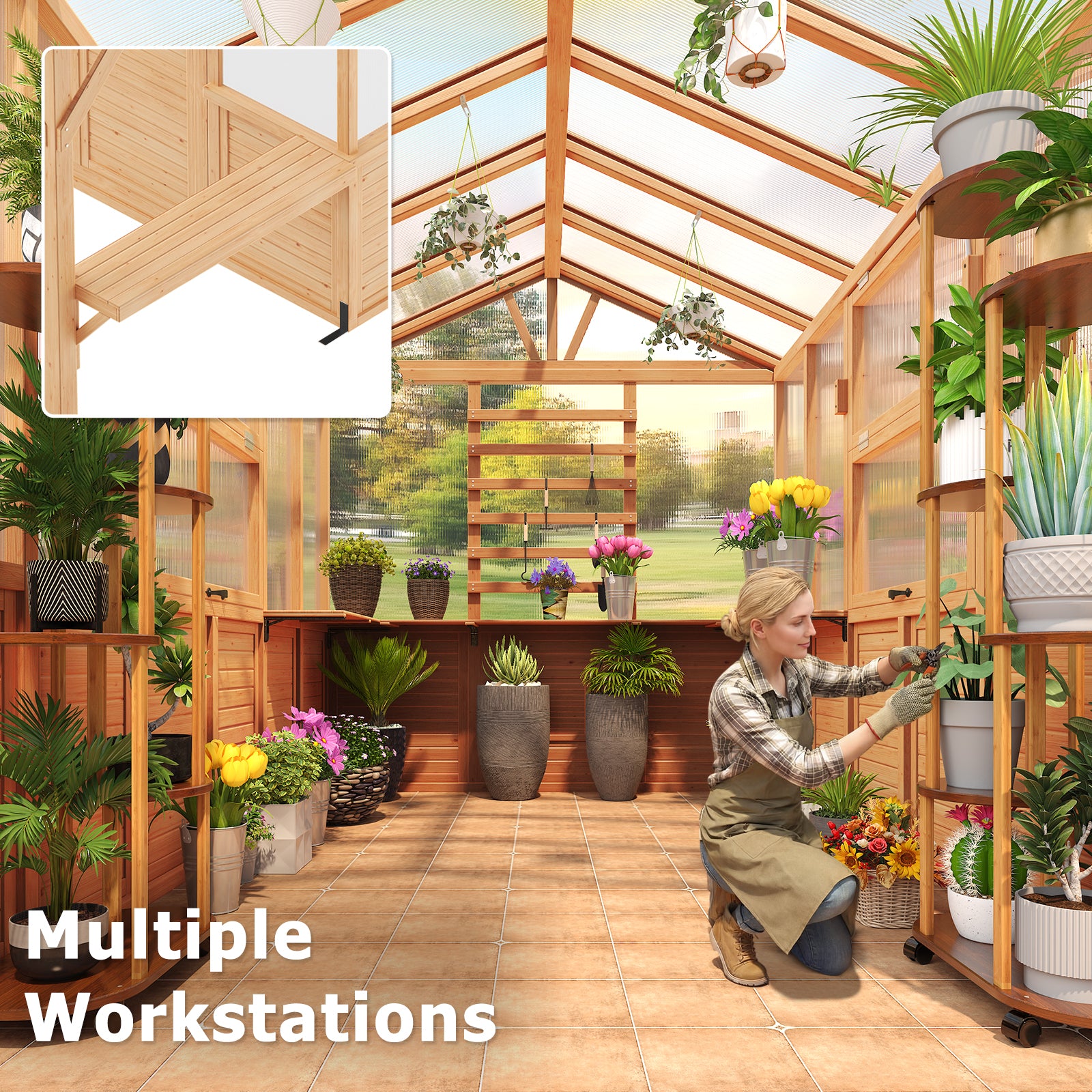 HOMREST 7x16 FT Spruce Wood Greenhouse with Pergola, Large Walk-in Polycarbonate Greenhouse Kit with Top-Hung Windows, Built-in Workstation and Staging Shelves for Backyard Garden