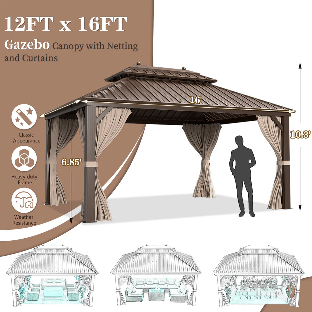 Homrest 12' x 16' Hardtop Gazebo Galvanized Steel Double-Roof Canopy Outdoor, Aluminum Frame Permanent Metal Pavilion, Netting & Curtains