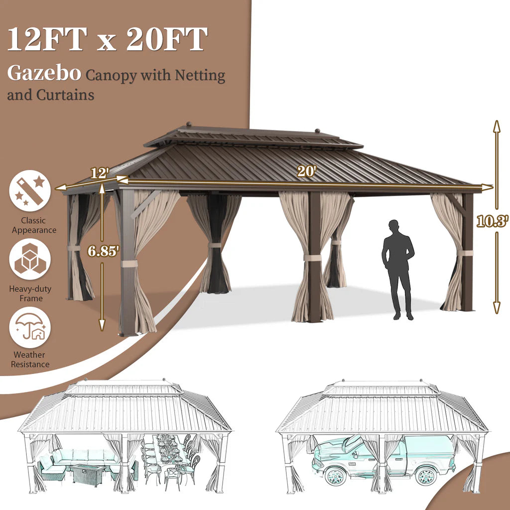 Homrest 12'x 20' Gazebo Galvanized Steel Outdoor Hardtop Canopy Double Vented Roof Pergolas Aluminum Frame with Netting and Curtains for Garden,Patio,Lawns,Parties