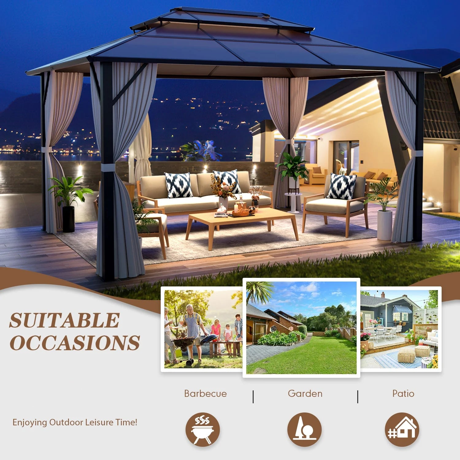 Homrest 10' x 13' Gazebo Polycarbonate Double Roof Canopy Outdoor Aluminum Frame Pergola, Permanent Pavilion with Netting and Curtains