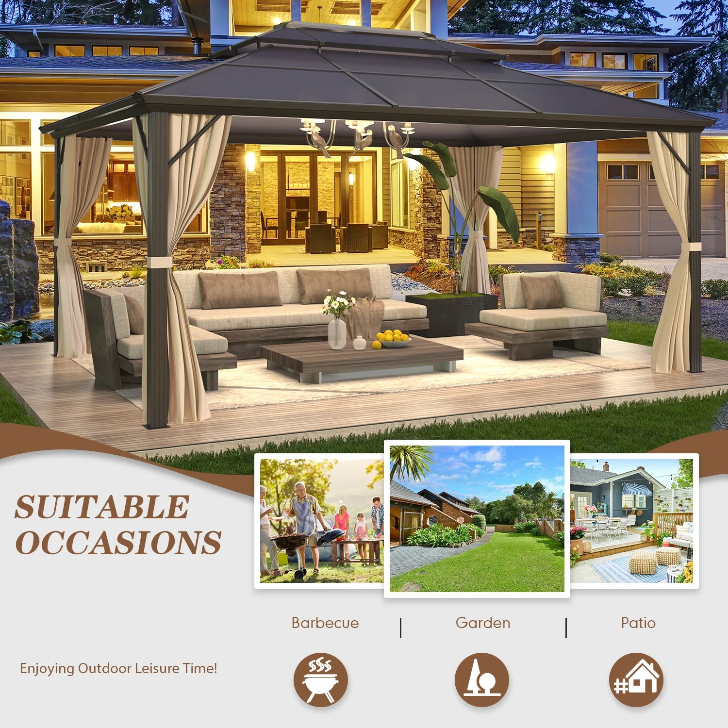 Homrest 12' x 16' Patio Hardtop Gazebos Canopy Polycarbonate Double-Roof w/ Netting & Curtains