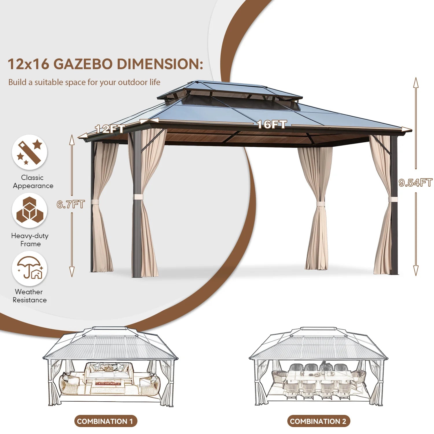 Homrest 12' x 16' Patio Hardtop Gazebos Canopy Polycarbonate Double-Roof w/ Netting & Curtains