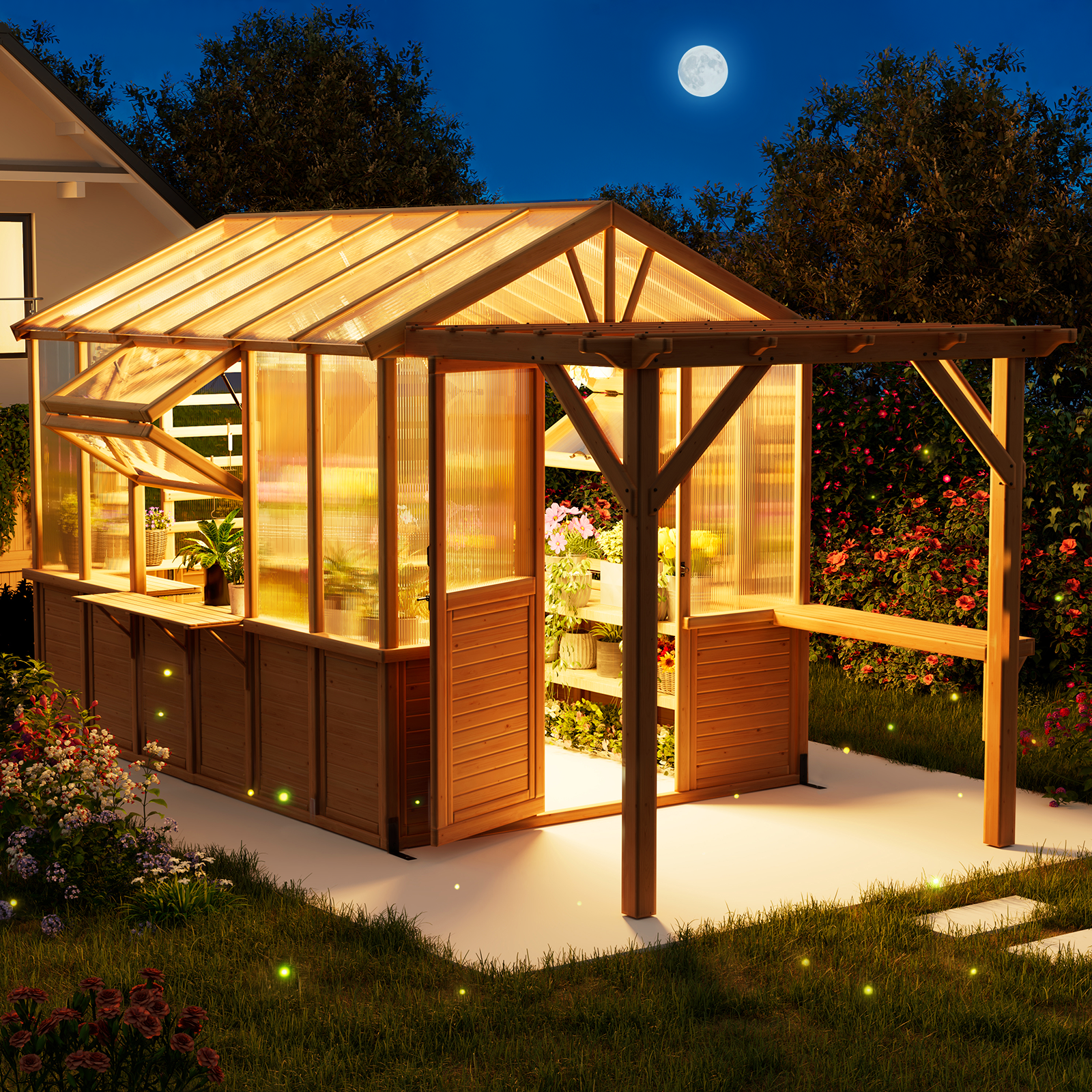 HOMREST 7x16 FT Spruce Wood Greenhouse with Pergola, Large Walk-in Polycarbonate Greenhouse Kit with Top-Hung Windows, Built-in Workstation and Staging Shelves for Backyard Garden
