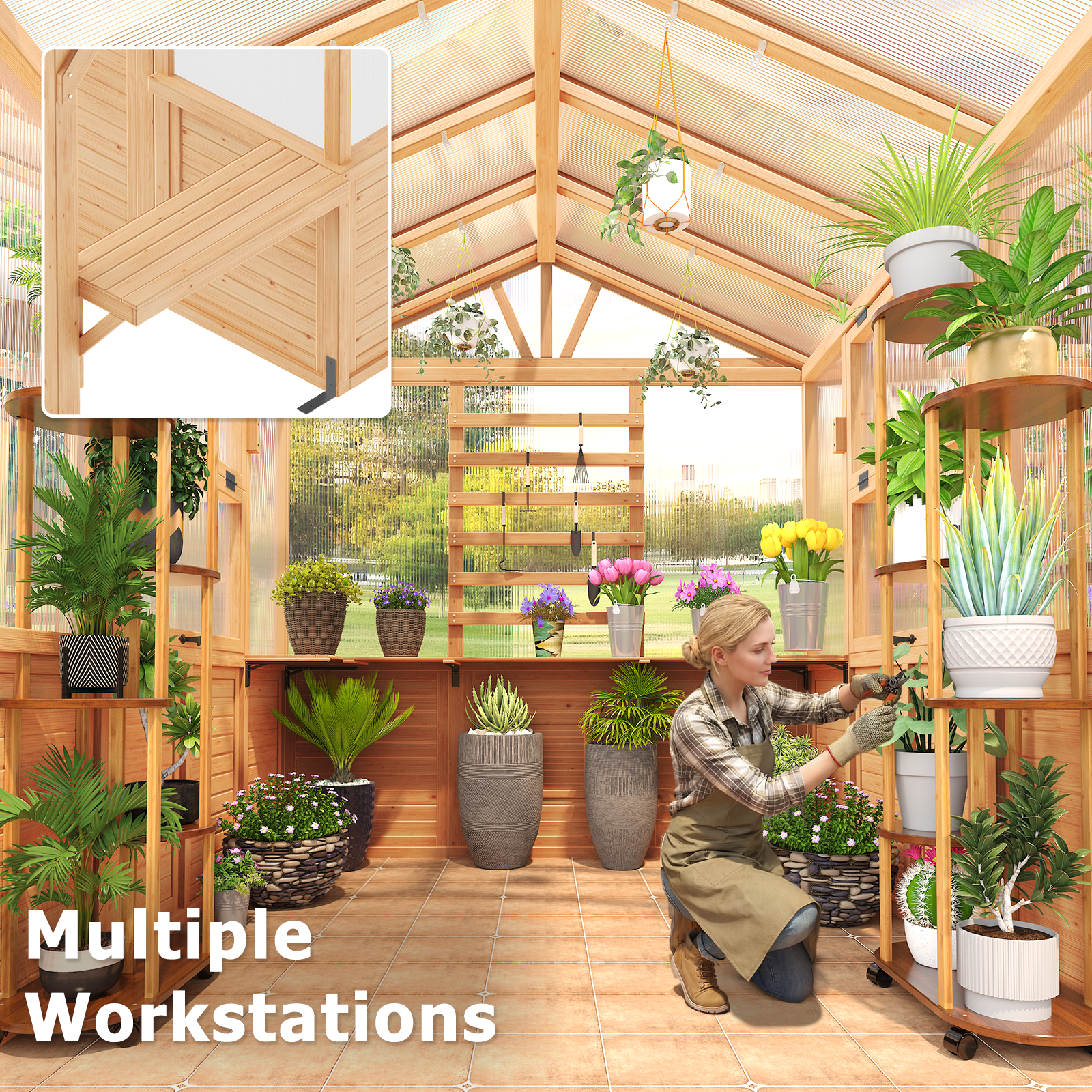 HOMREST 7x11 FT Spruce Wood Greenhouse with Pergola, Walk-in Polycarbonate Greenhouse Kit with Top-Hung Windows, Built-in Workstation and Staging Shelves for Backyard Garden