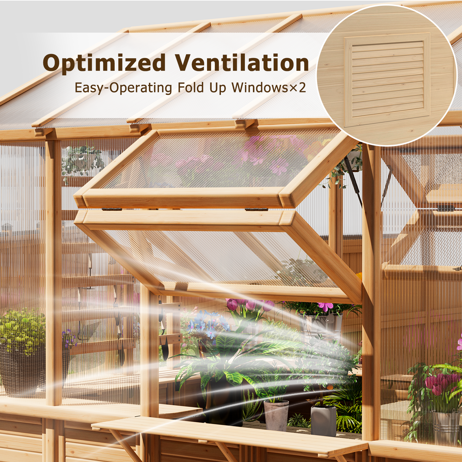 HOMREST 7x11 FT Spruce Wood Greenhouse with Pergola, Walk-in Polycarbonate Greenhouse Kit with Top-Hung Windows, Built-in Workstation and Staging Shelves for Backyard Garden