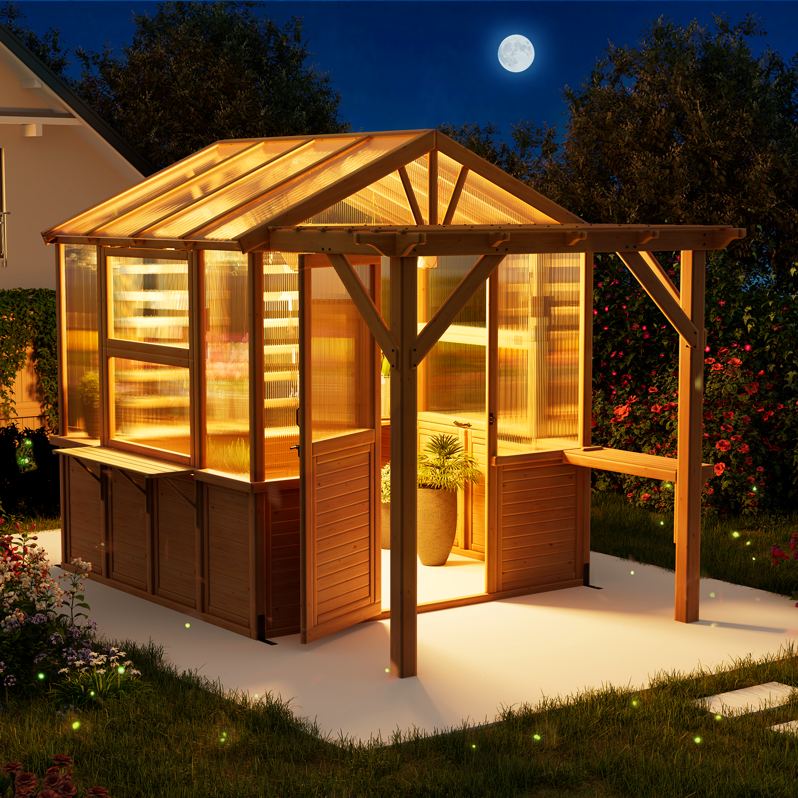 HOMREST 7x11 FT Spruce Wood Greenhouse with Pergola, Walk-in Polycarbonate Greenhouse Kit with Top-Hung Windows, Built-in Workstation and Staging Shelves for Backyard Garden