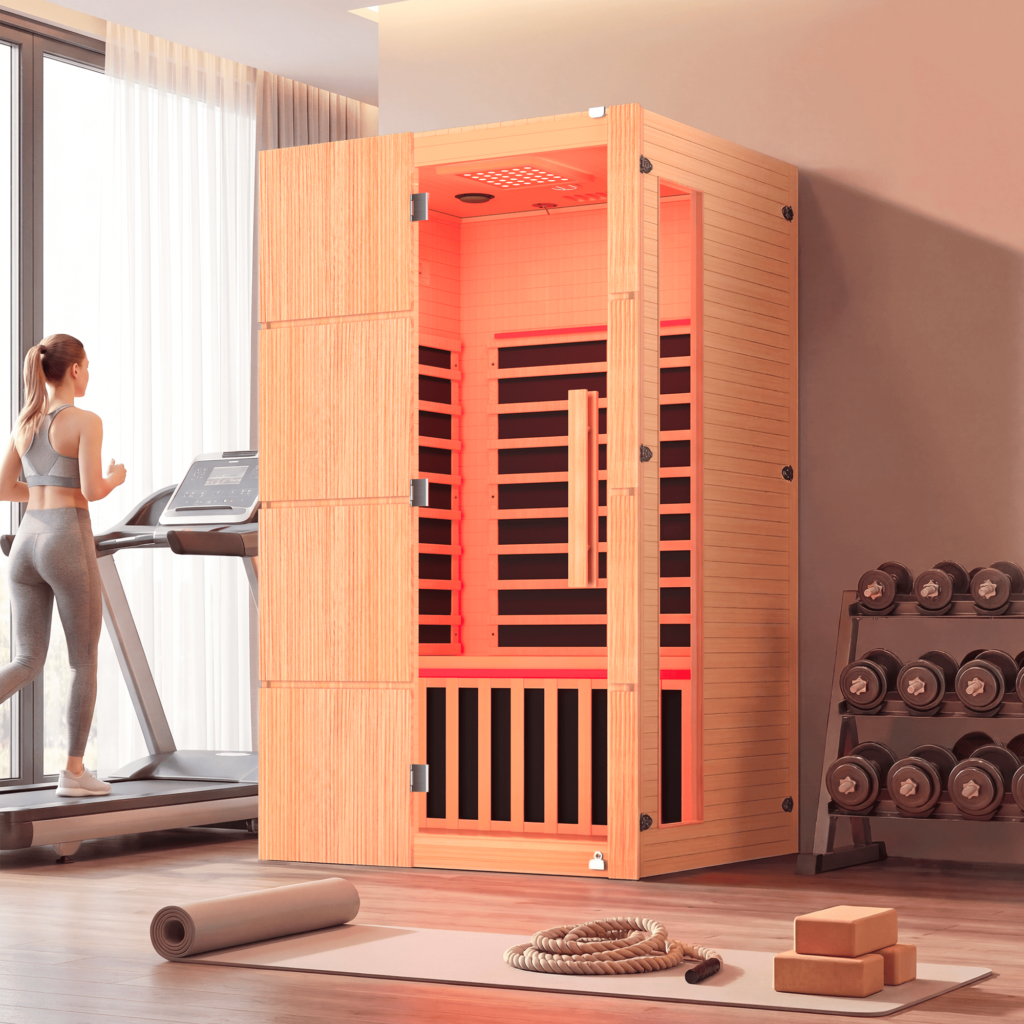 HOMREST 2-Person Indoor Infrared Sauna for Home, Far Infrared Sauna with Red Light Therapy, Chromotherapy Lighting, 6 Carbon Heaters & Bluetooth Speaker, Natural Wood