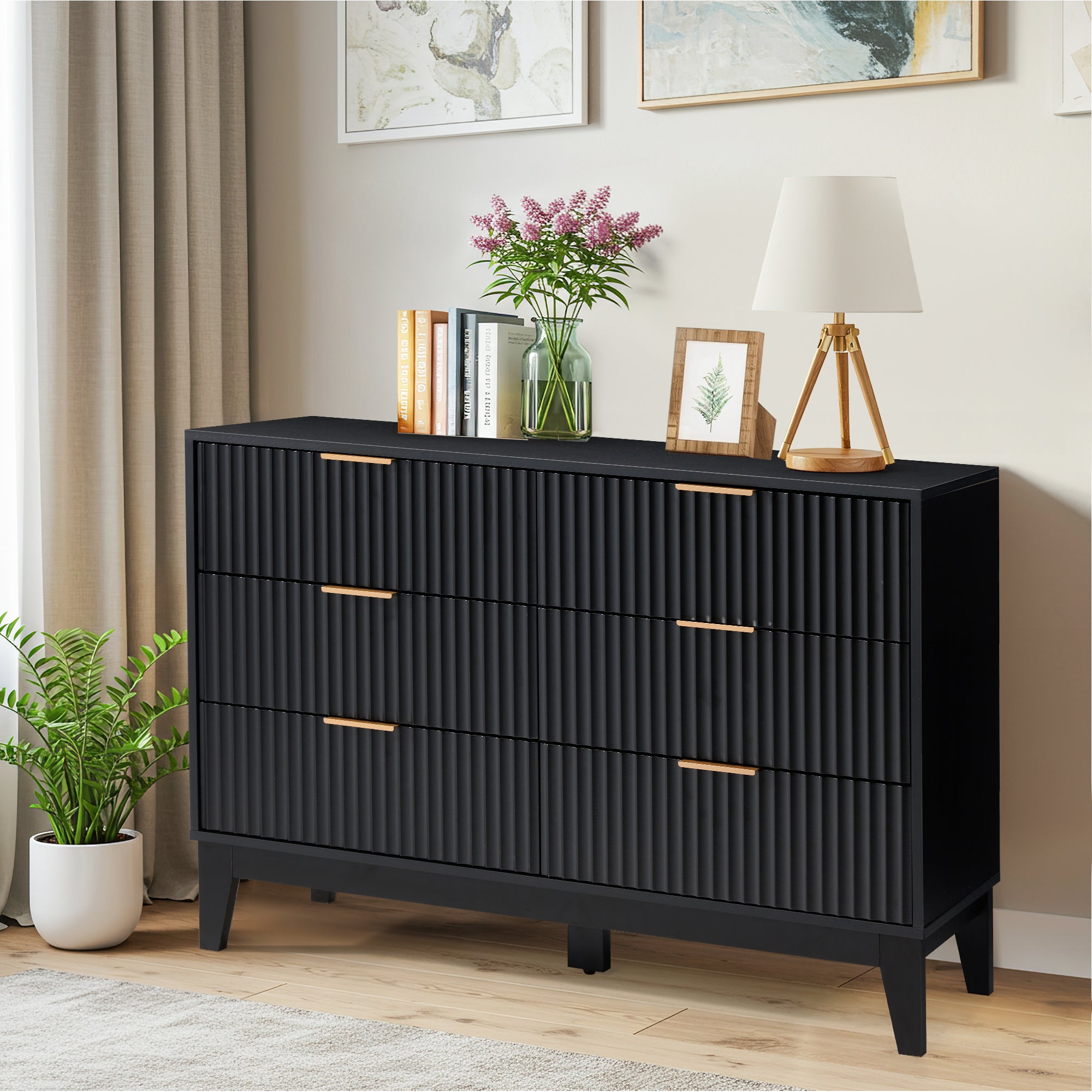 HOMREST Fluted Dresser for Bedroom, 6 Drawer Modern Dresser, Wide Modern Chest of Drawers with Metal Handle, Mid Century Modern Dresser, Black