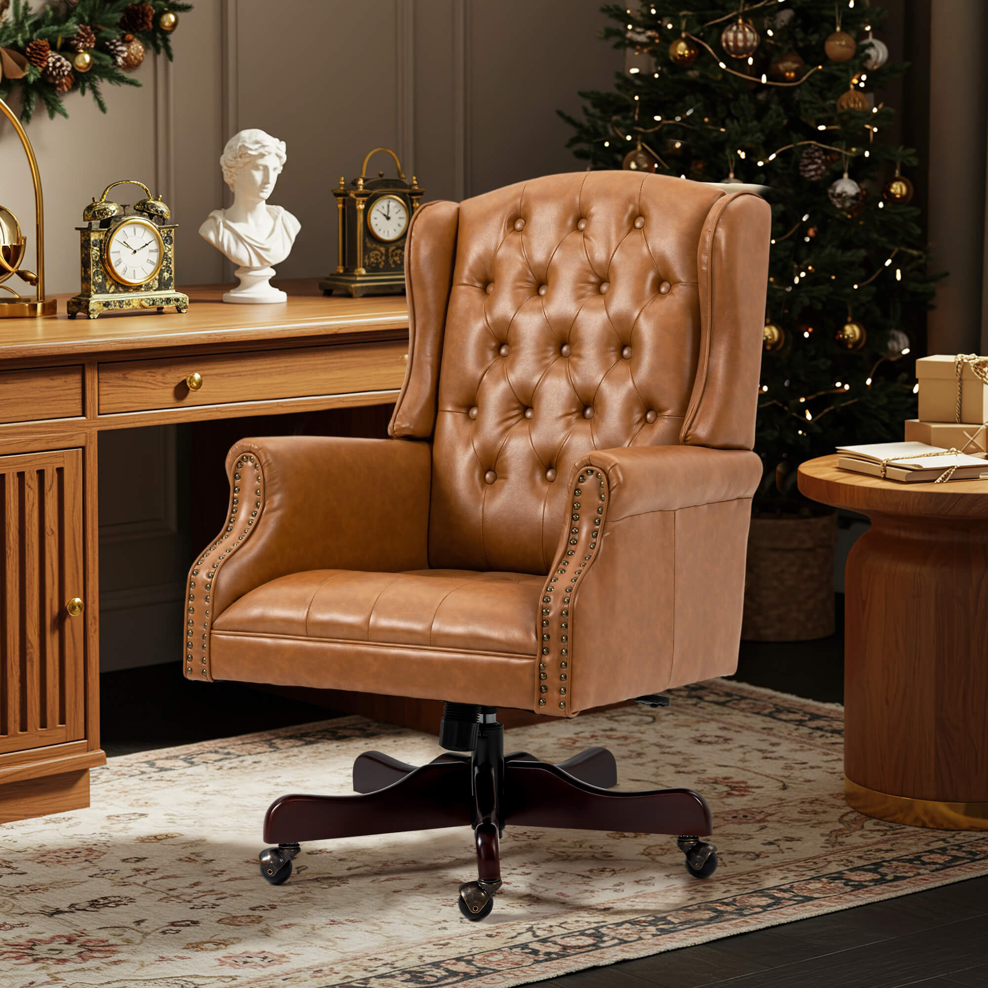 Homrest Executive Wingback Office Chair – Brown PU Leather High Back Desk Chair