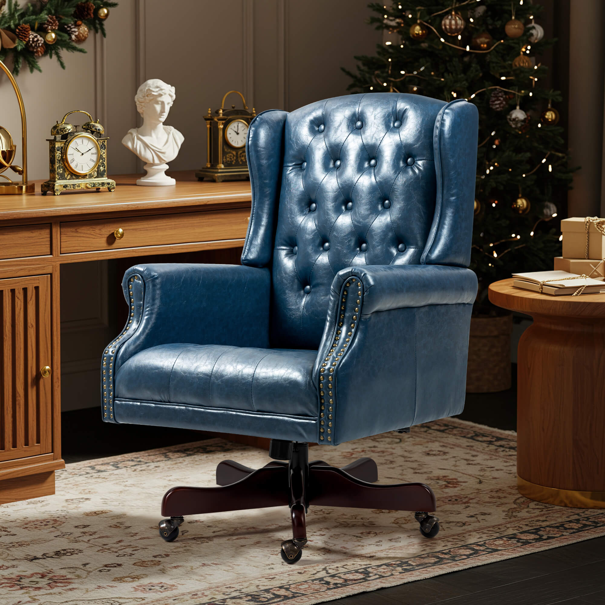 Homrest Executive Wingback Office Chair – Blue PU Leather High Back Desk Chair