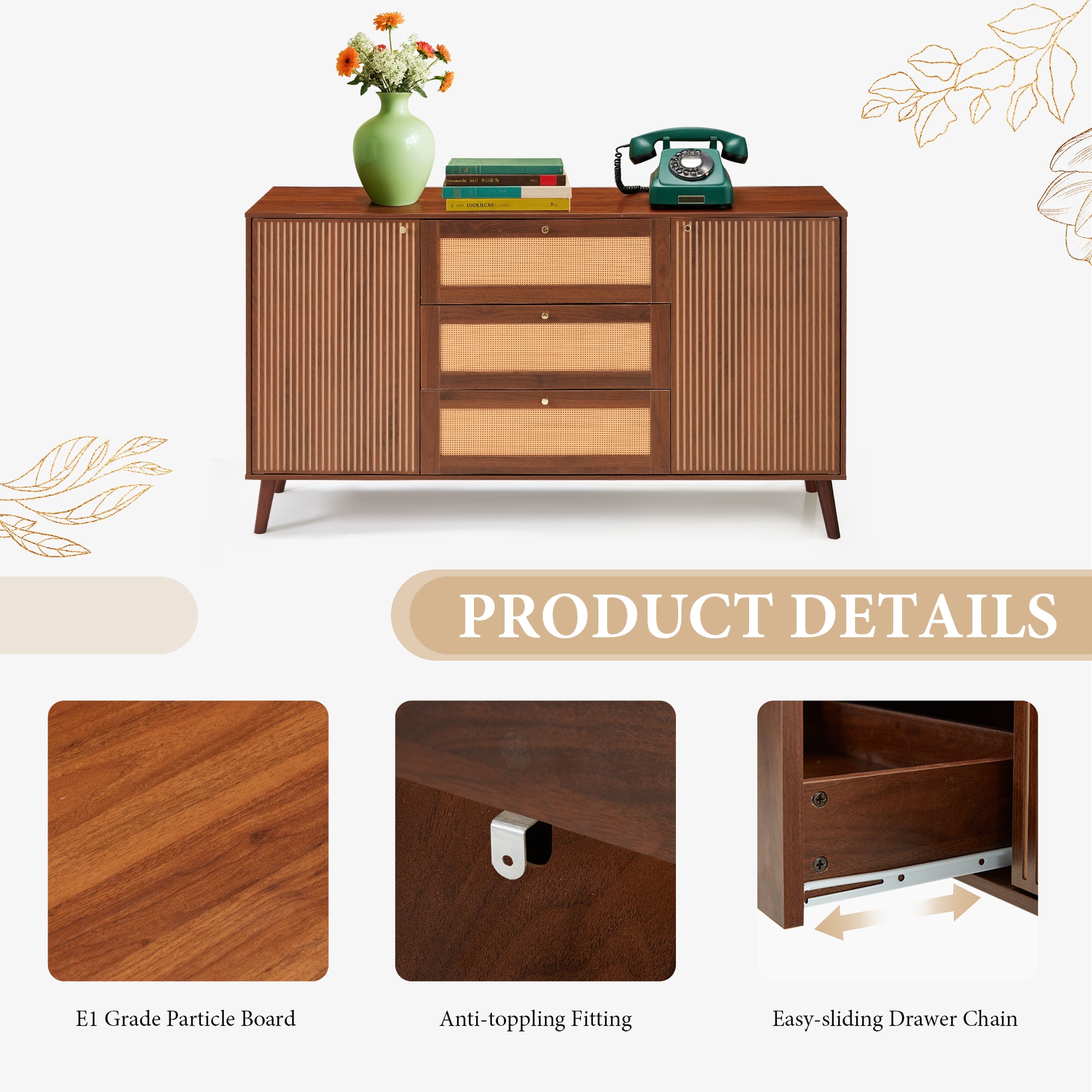HOMREST  Solid Wood Sideboard Buffet Cabinet, Mid-Century Credenza for Living Room, Entryway, Walnut