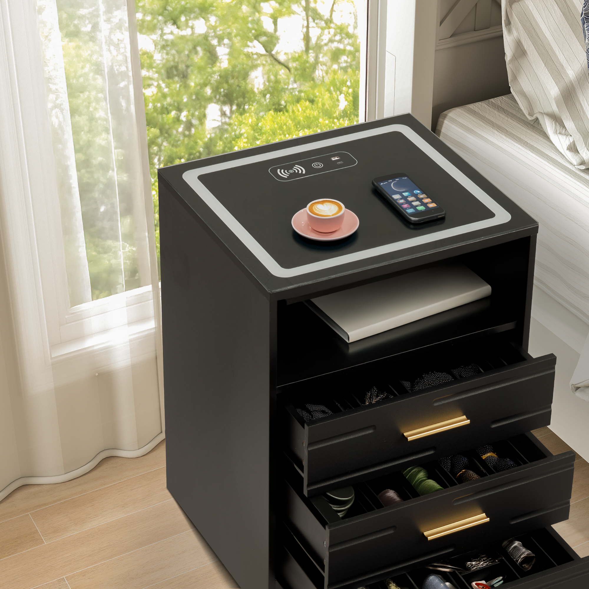 HOMREST LED Nightstand with Wireless Charging, Smart Bedside Table with Drawers & Adjustable LED Lights, Black