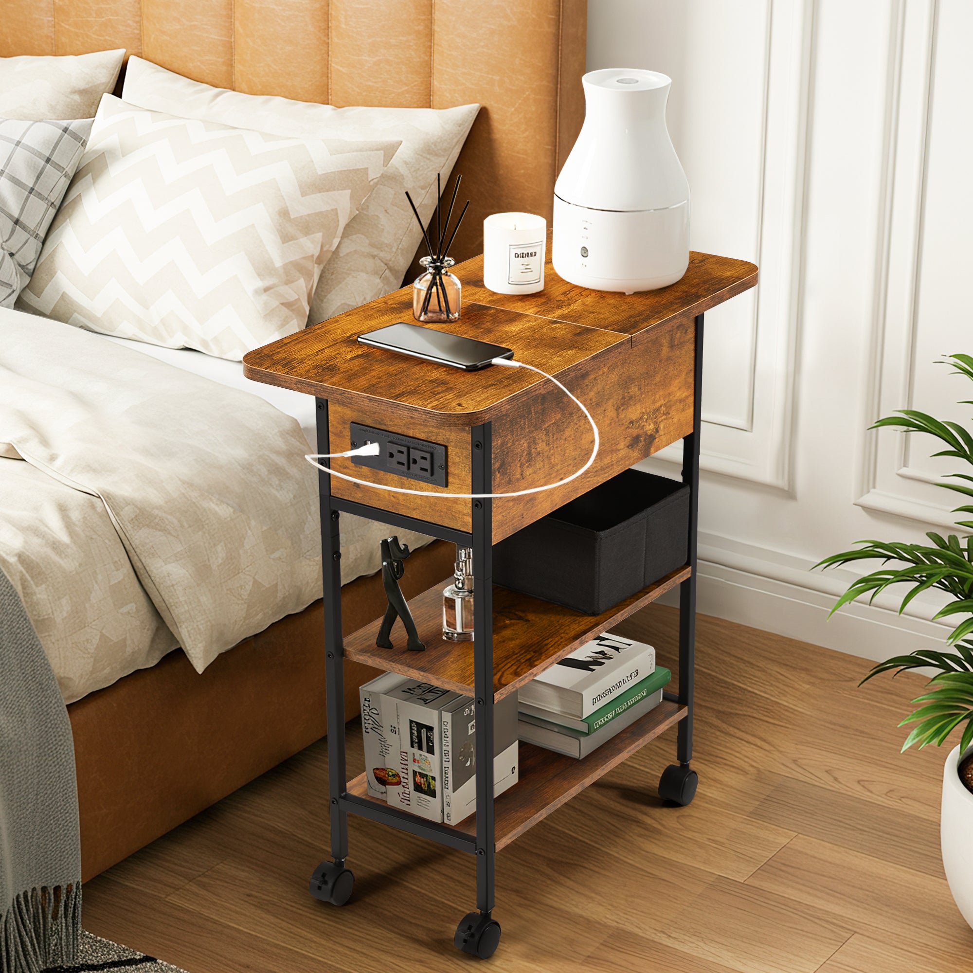 HOMREST Multi-Functional Flip Side Table, 360° Swivel Wheels & Storage Shelf for Living Room/Bedroom, Rustic Brown Wood End Table, Brown