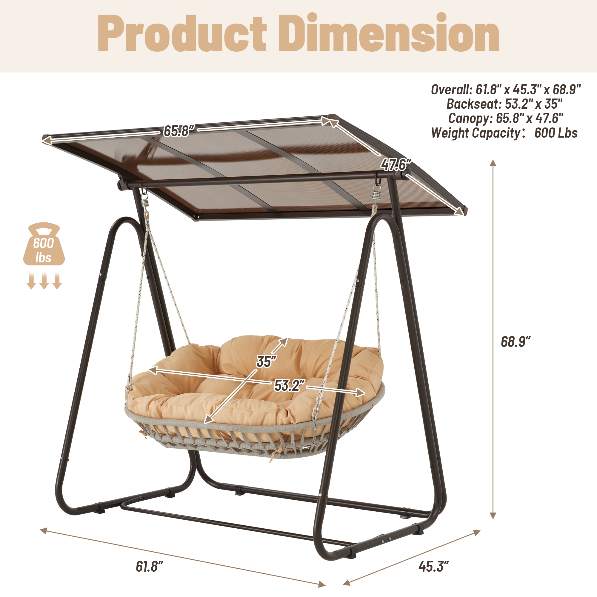 HOMREST 2-Seat Patio Swing Chair with Adjustable Canopy, Beige