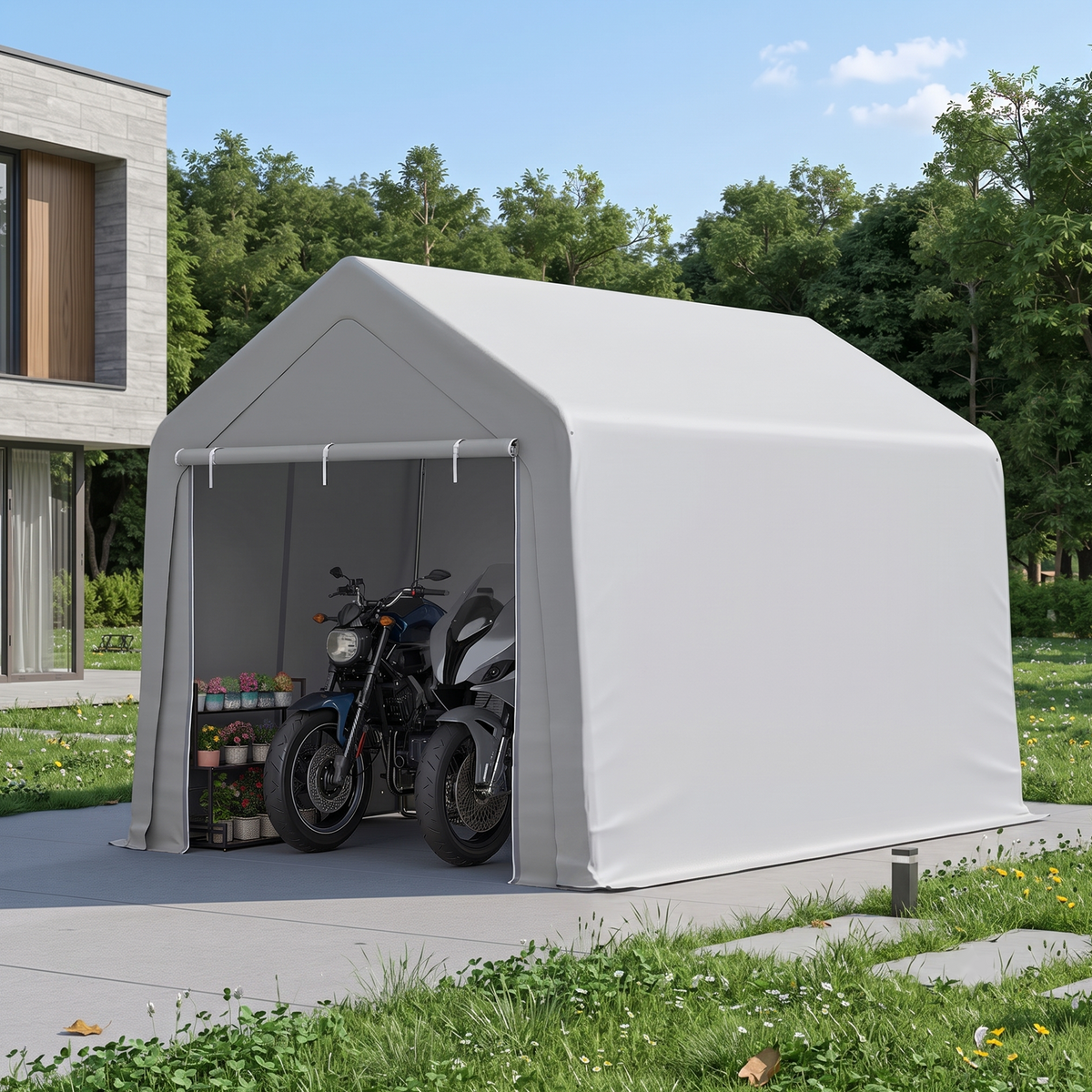 HOMREST 8 x 12 FT Carport Storage Shed, Outdoor Motorcycle Shed with Roll-Up Zipper Door & Vent, UV-Resistant Carport for Motorcycle, Firewood, Tools, Grey