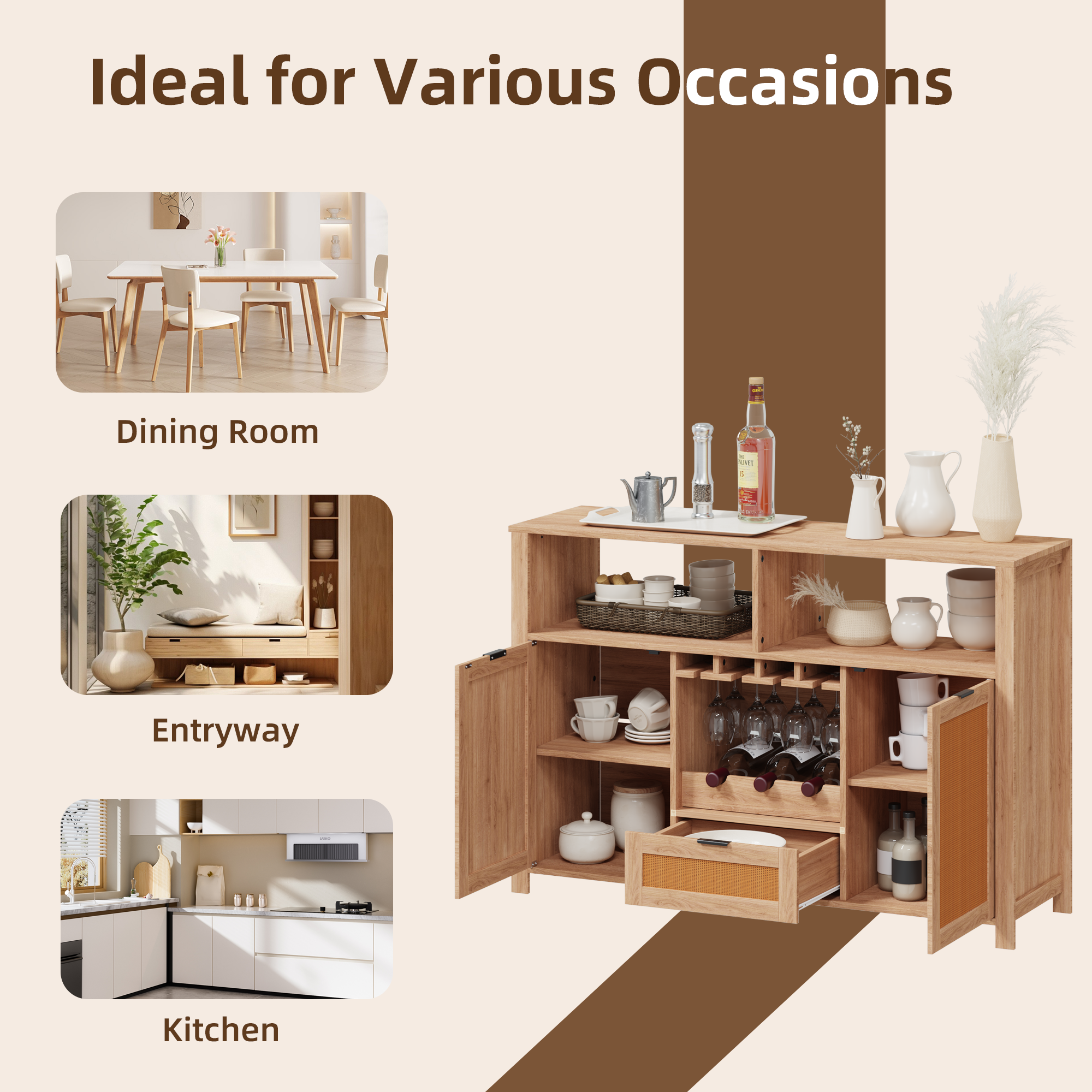HOMREST Farmhouse Bar Cabinet with Storage, Wine Racks and Drawers for Dining Room and Living Room,Beige