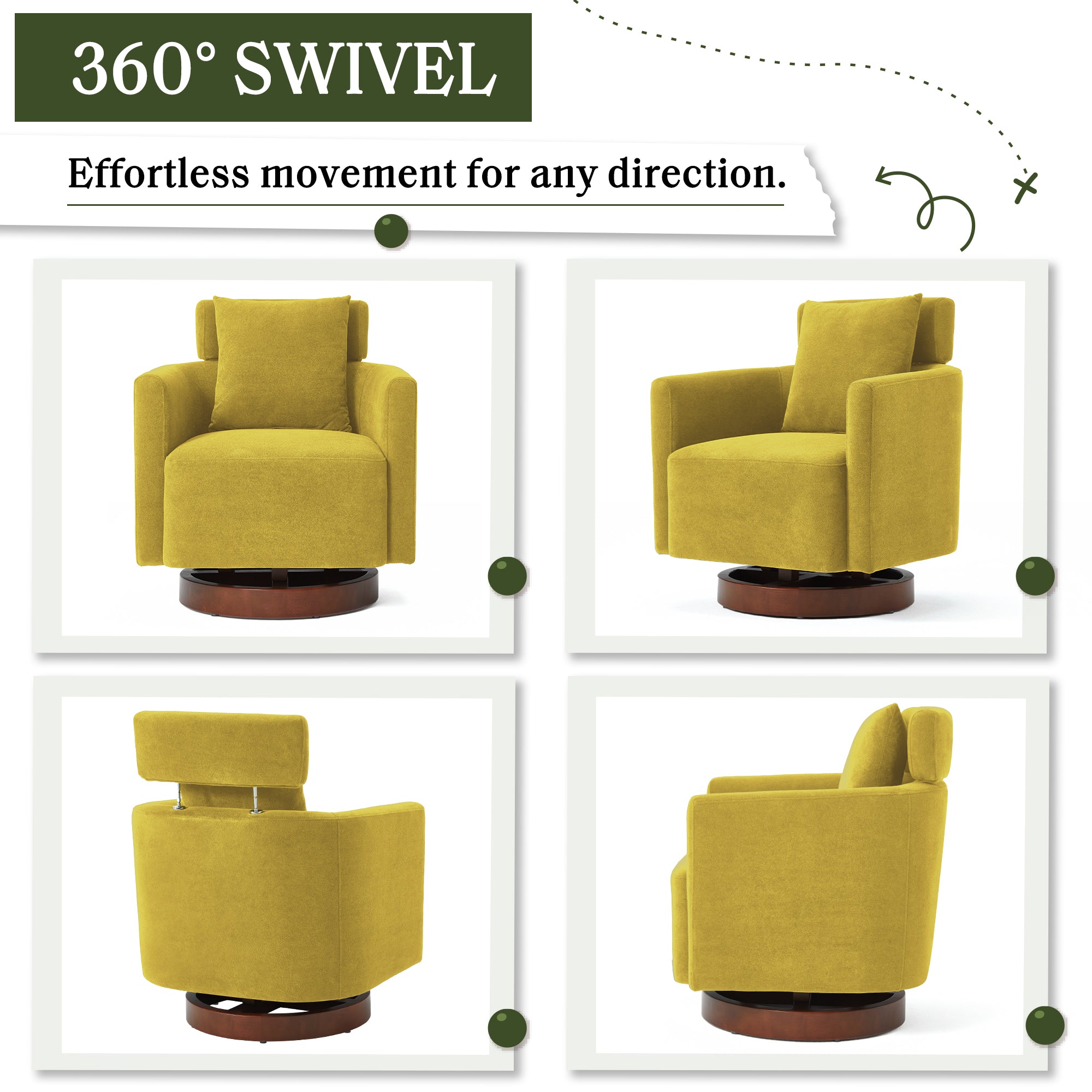 HOMREST Swivel Accent Chair, Armchair Barrel Chair with Adjustable Headrest Swivel Chair for Living Room Bedroom, with 360° Rotation and Thick Cushion, Mustard Yellow