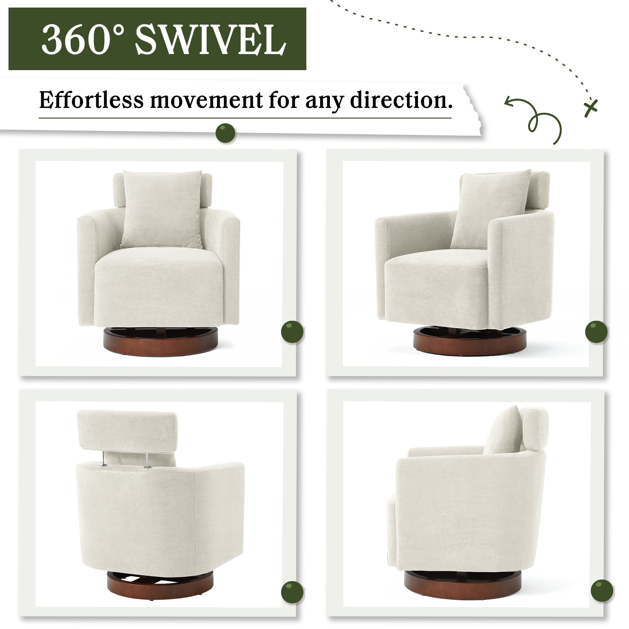 HOMREST Swivel Accent Chair, Ergonomic Adjustable Backrest Barrel Chair with 360° Rotation, Thick Velvet Cushion and Solid Wood Frame, Beige for Living Room, Bedroom, Office
