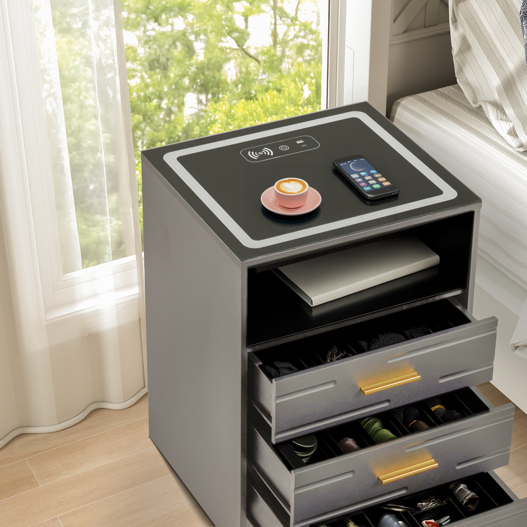 HOMREST LED Nightstand with Wireless Charging, Smart Bedside Table with Drawers & Adjustable LED Lights, Gray