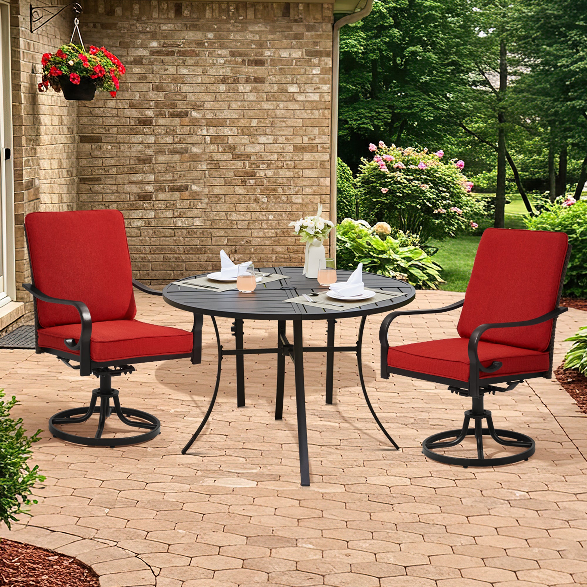 HOMREST Patio Swivel Chairs Set of 2 with Full Rattan Backrest, Red