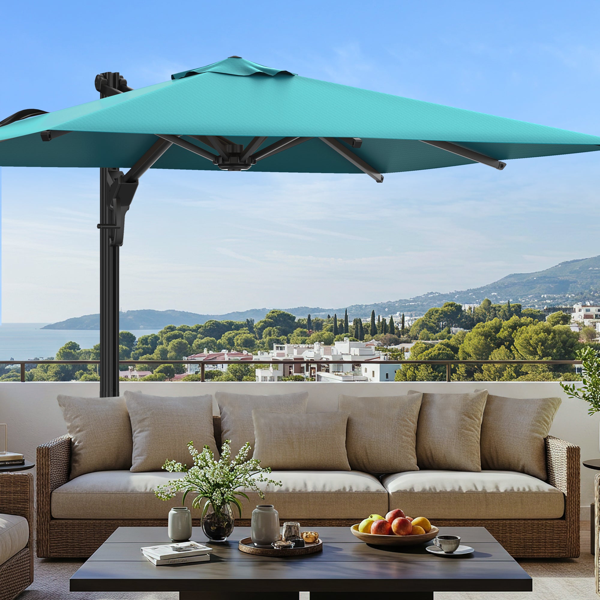 HOMREST 10x10ft Large Rectangular Cantilever Umbrella with 360° Rotation & 6 Adjustable Heights, Blue (Base Excluded)