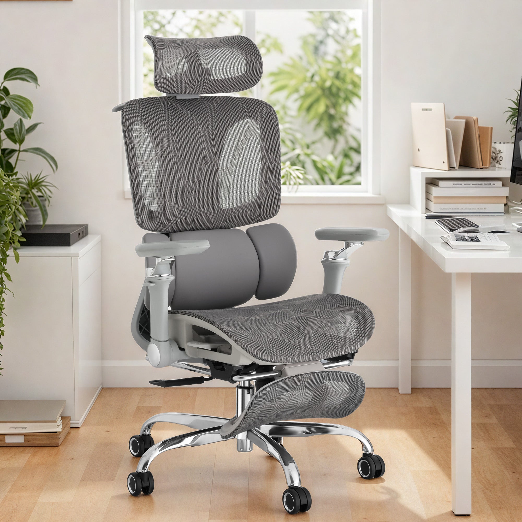 HOMREST Ergonomic Office Chair with 3-Zone Dynamic Lumbar Support, Big and Tall Mesh Office Chair with Footrest, Adjustable Seat Depth,4D Headrest,6D Armrests, Swivel Executive Chair for Home Office, Grey