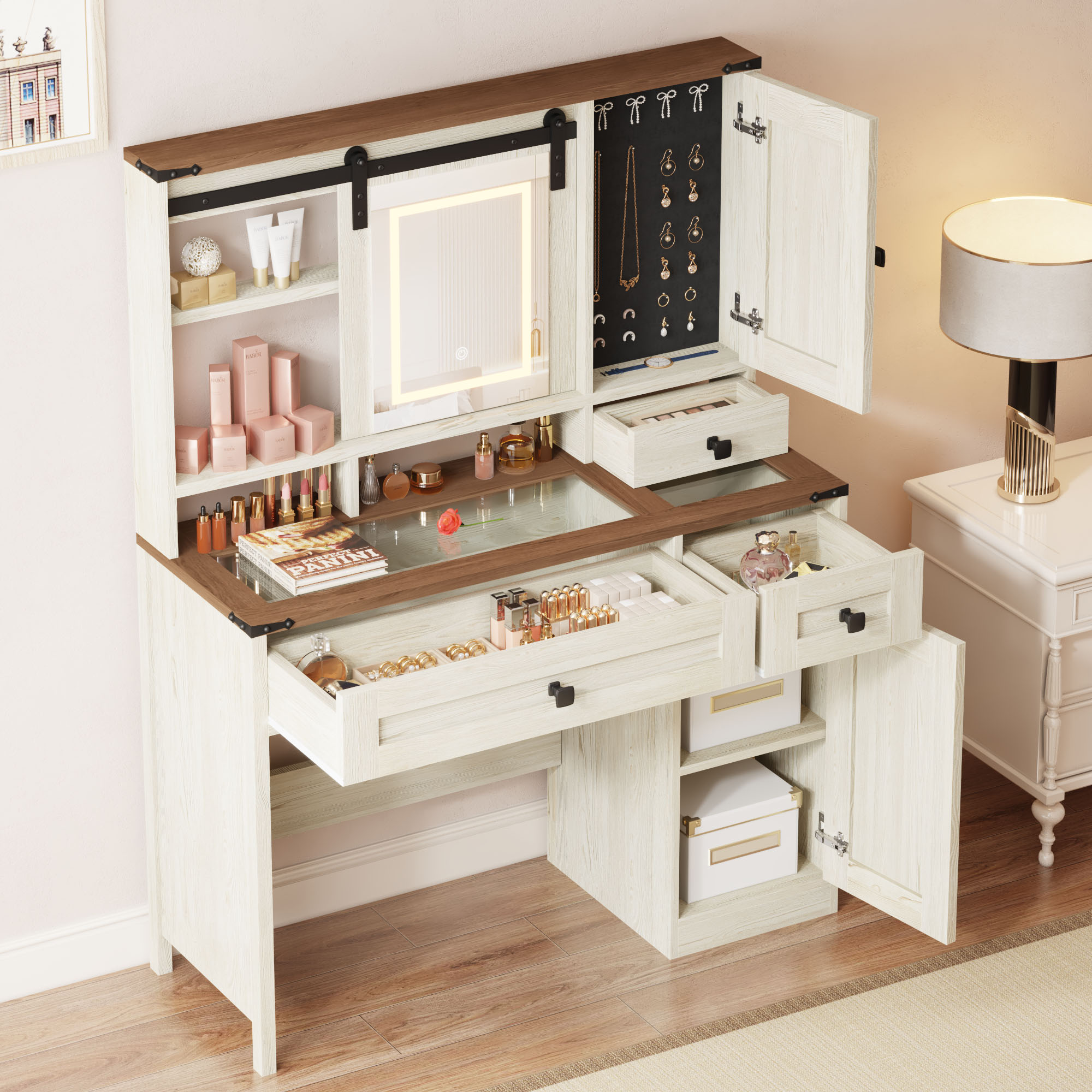 HOMREST  Farmhouse Vanity Desk with Mirror, Lights and Jewelry Storage, Rustic Farmhouse Style