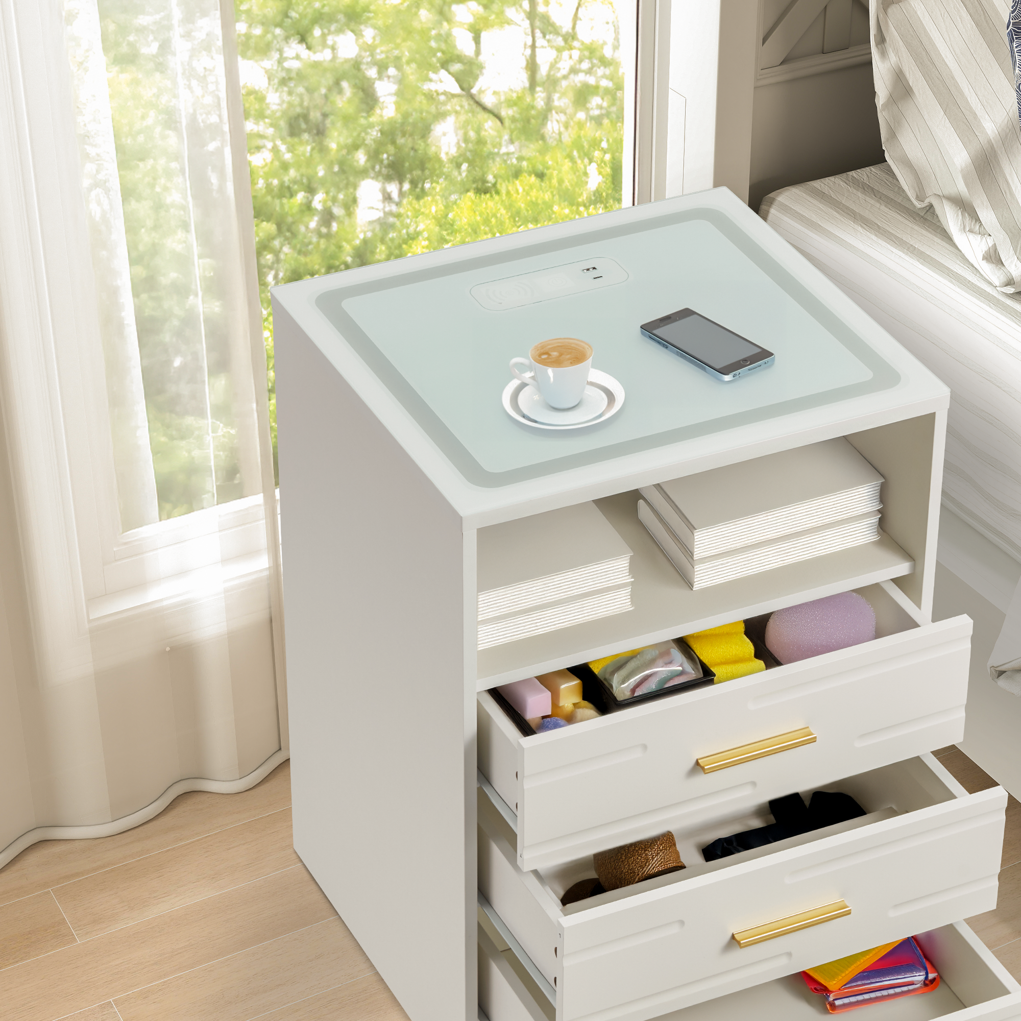HOMREST LED Nightstand with Wireless Charging, Smart Bedside Table with Drawers & Adjustable LED Lights, White