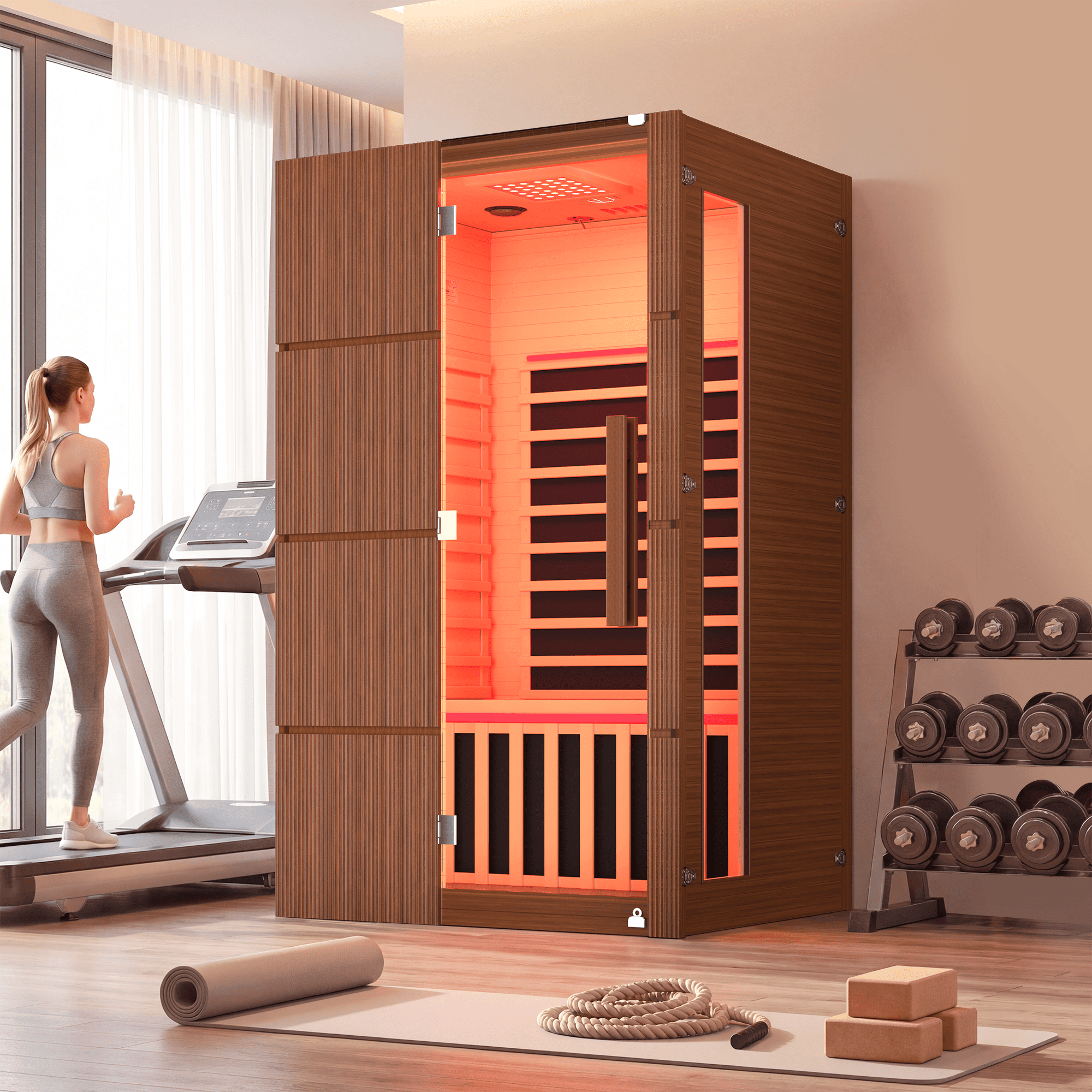 HOMREST 2-Person Indoor Infrared Sauna for Home, Far Infrared Sauna with Red Light Therapy, Chromotherapy Lighting, 6 Carbon Heaters & Bluetooth Speaker, Walnut