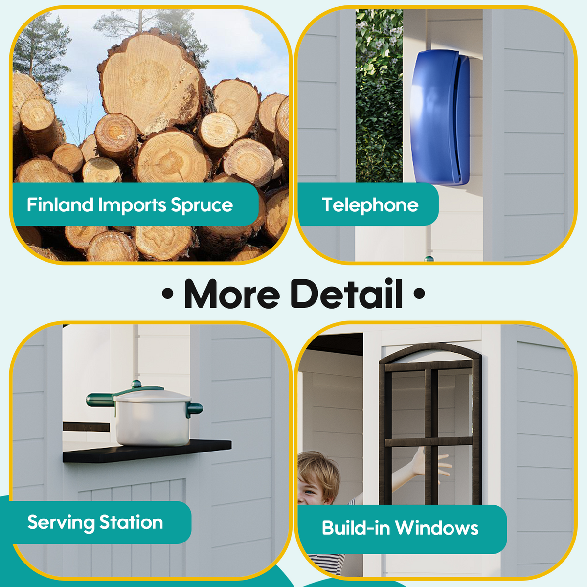 Homrest Wooden Playhouse for Kids, Outdoor Garden Cottage with Door, Windows, Service Station, Flower Pot Holder, for 3-7 Years Old