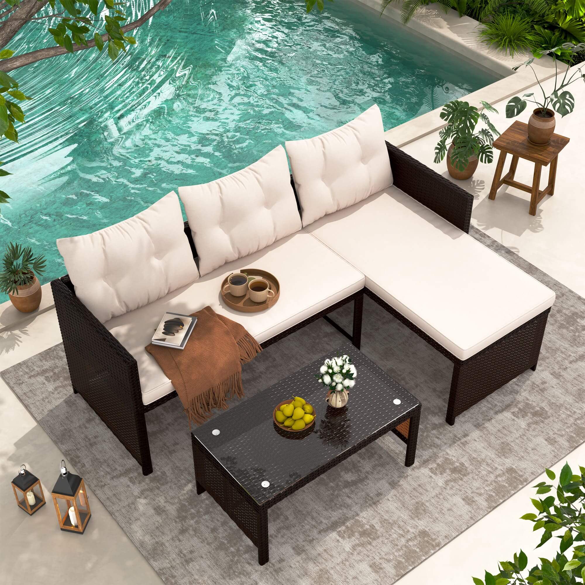HOMREST 3 Piece Outdoor Patio Furniture Set, All-Weather PE Rattan Sofa Set with Glass Table & Cushions, Khaki