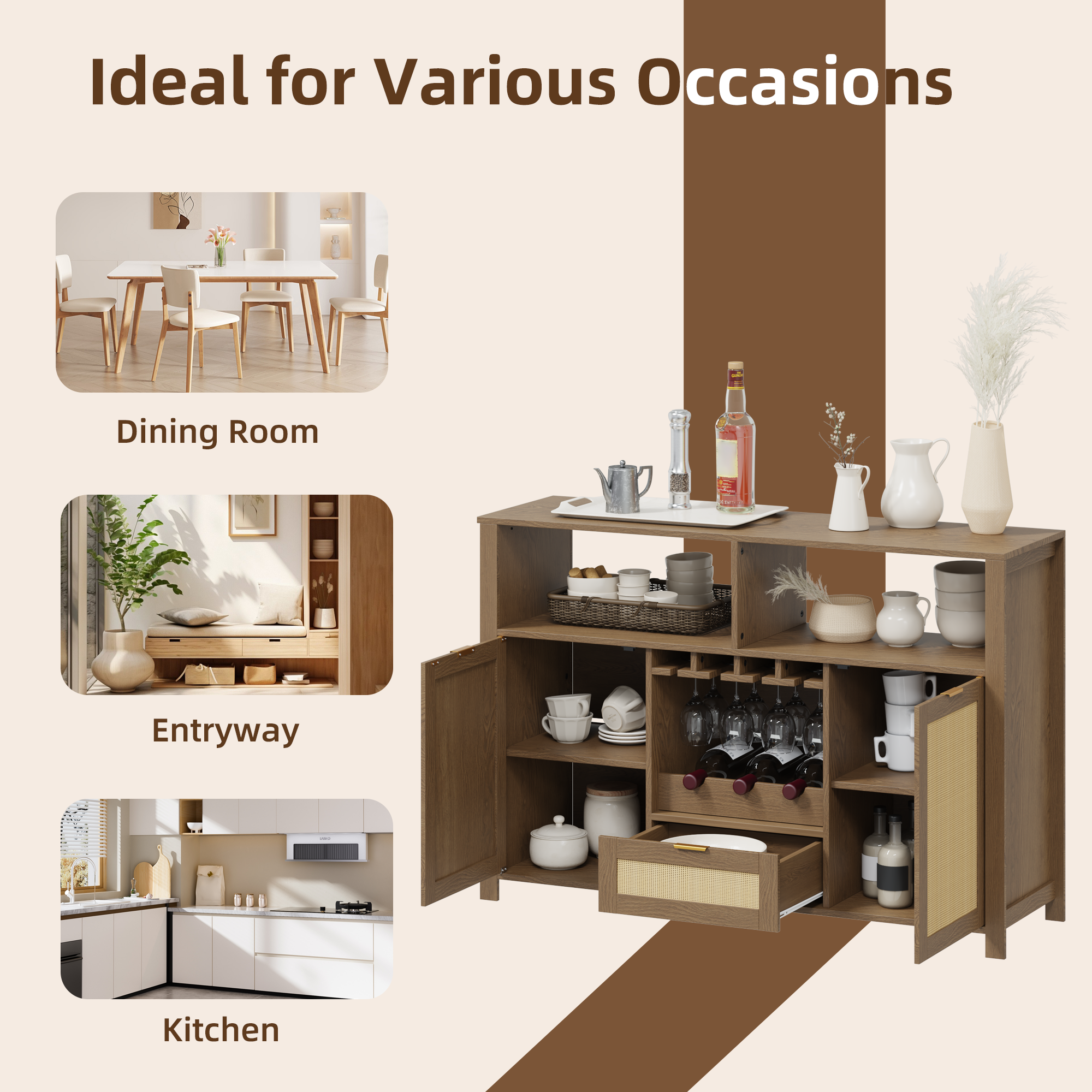 HOMREST Farmhouse Bar Cabinet with Storage, Wine Racks and Drawers for Dining Room and Living Room, Walnut Brown