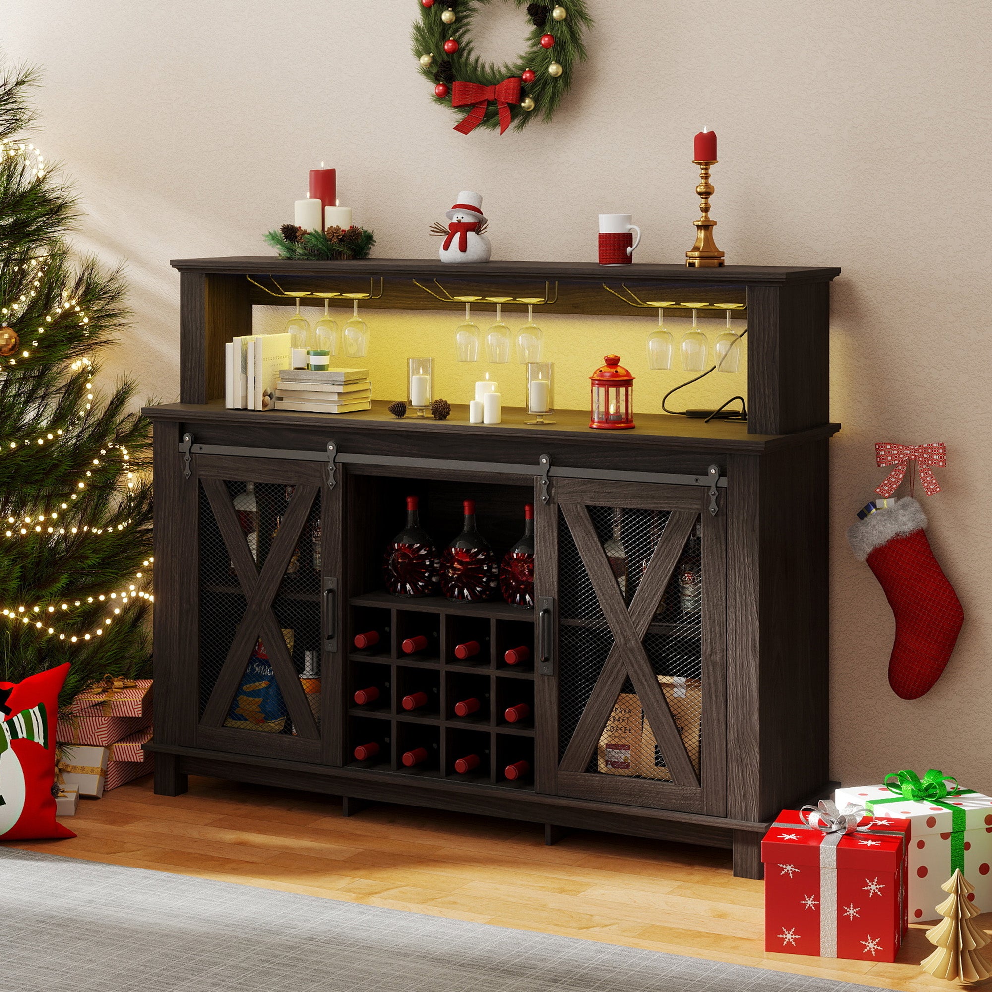HOMREST 55" Farmhouse Bar Cabinet, Wine Coffee Bar Cabinet With Led Lights And Sliding Barn Door, Home Bar With Wine Racks And Glass Holder,  Black