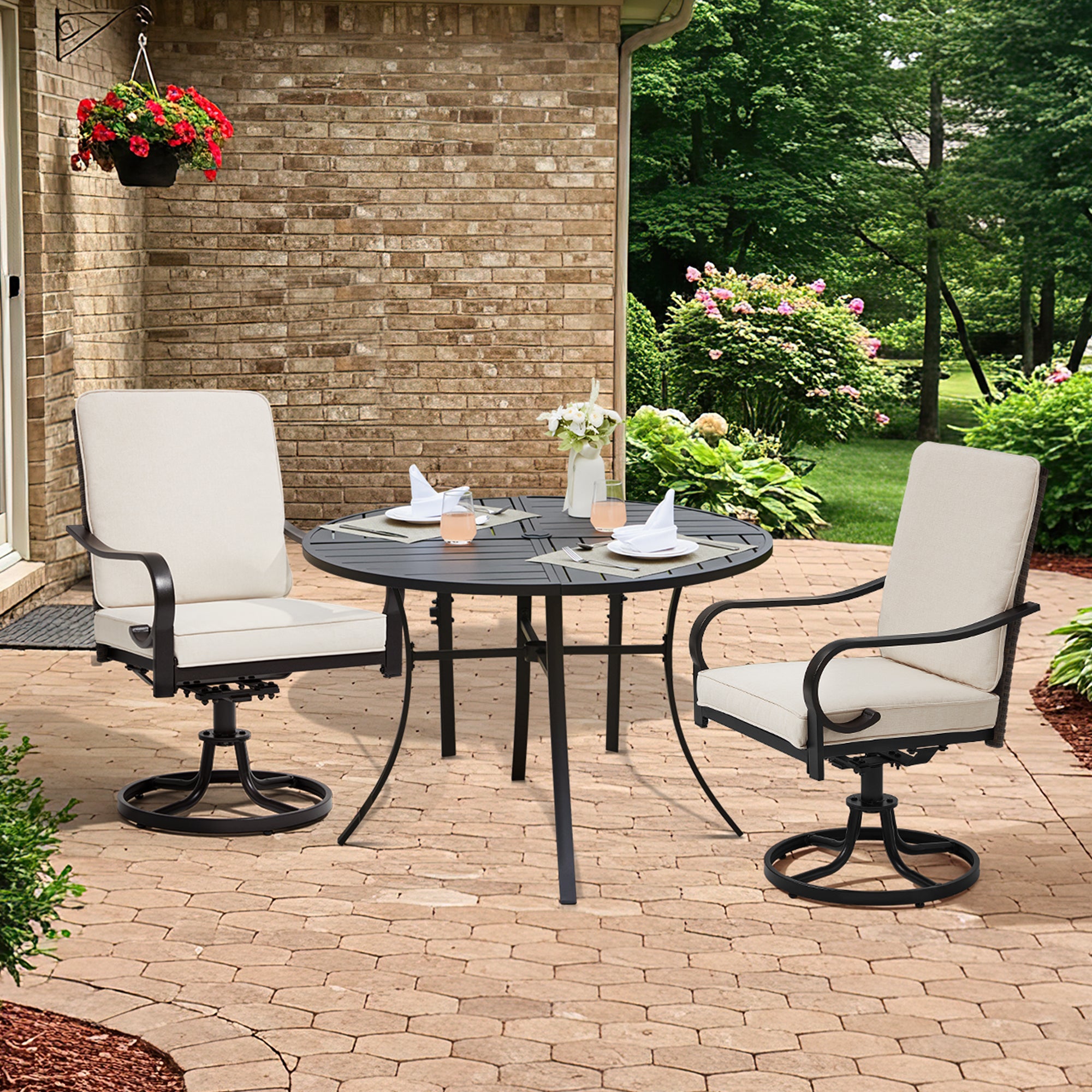 HOMREST Patio Swivel Chairs Set of 2 with Full Rattan Backrest, Beige