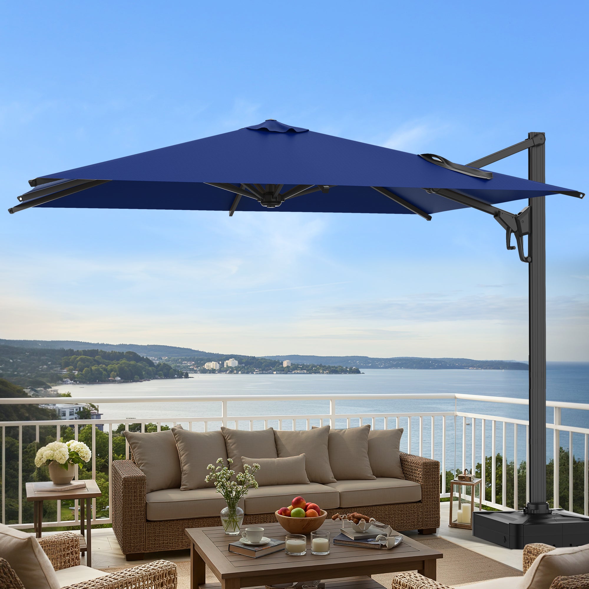 HOMREST 10x13ft Large Rectangular Cantilever Umbrella with 360° Rotation & 6 Adjustable Heights, Outdoor Patio Umbrella for Garden, Pool, Deck, Navy (Base Excluded)