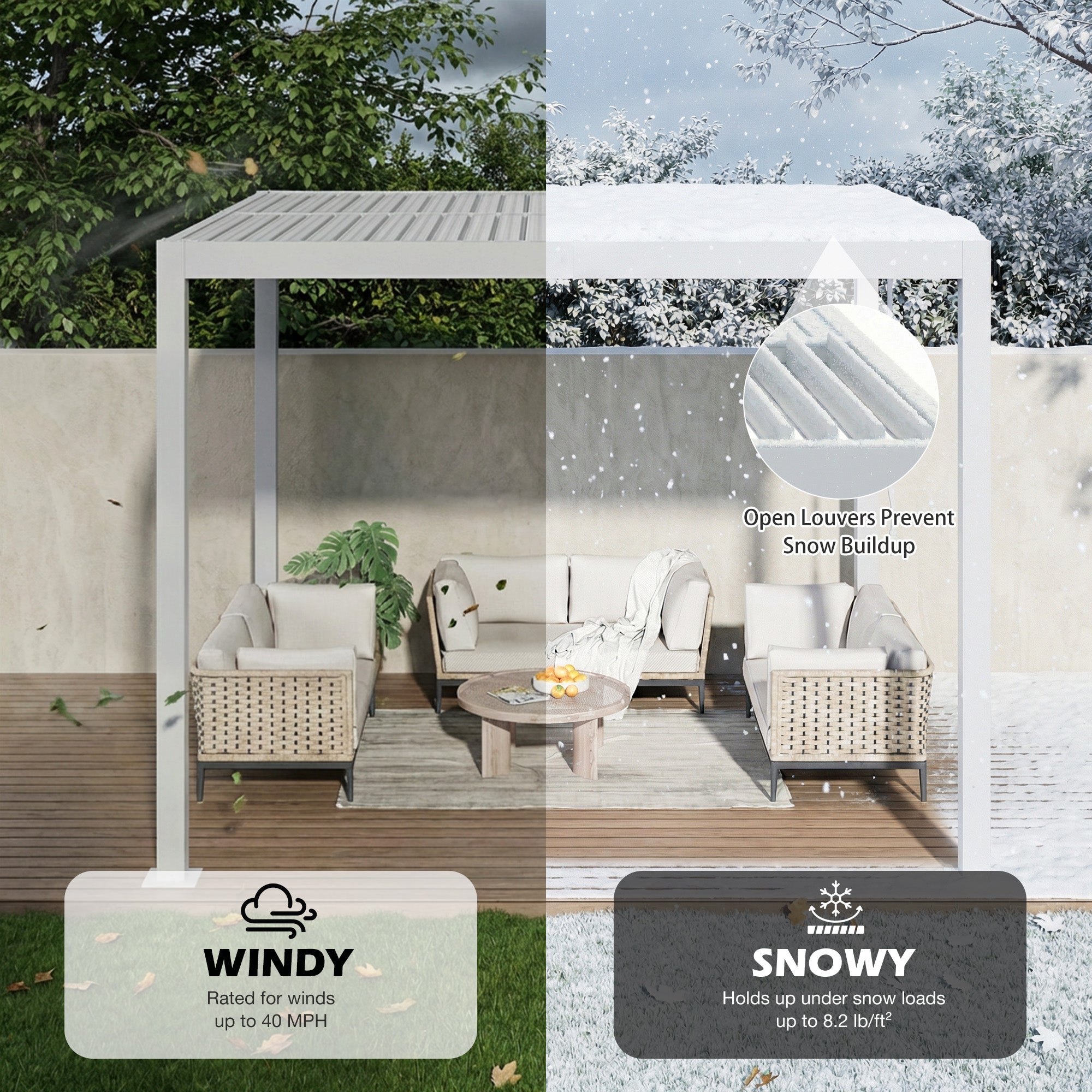 HOMREST 10' x 10' Outdoor Pergola with Adjustable Louvered Roof & Integrated Drainage, Heavy-Duty Metal Louvered Pergola for Patios, White