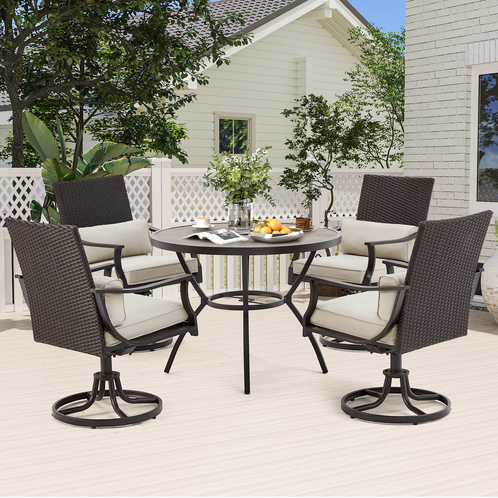 HOMREST 5-Piece Patio Dining Set, 4 Swivel Chairs & Large Round Table for Backyard, Deck, Patio