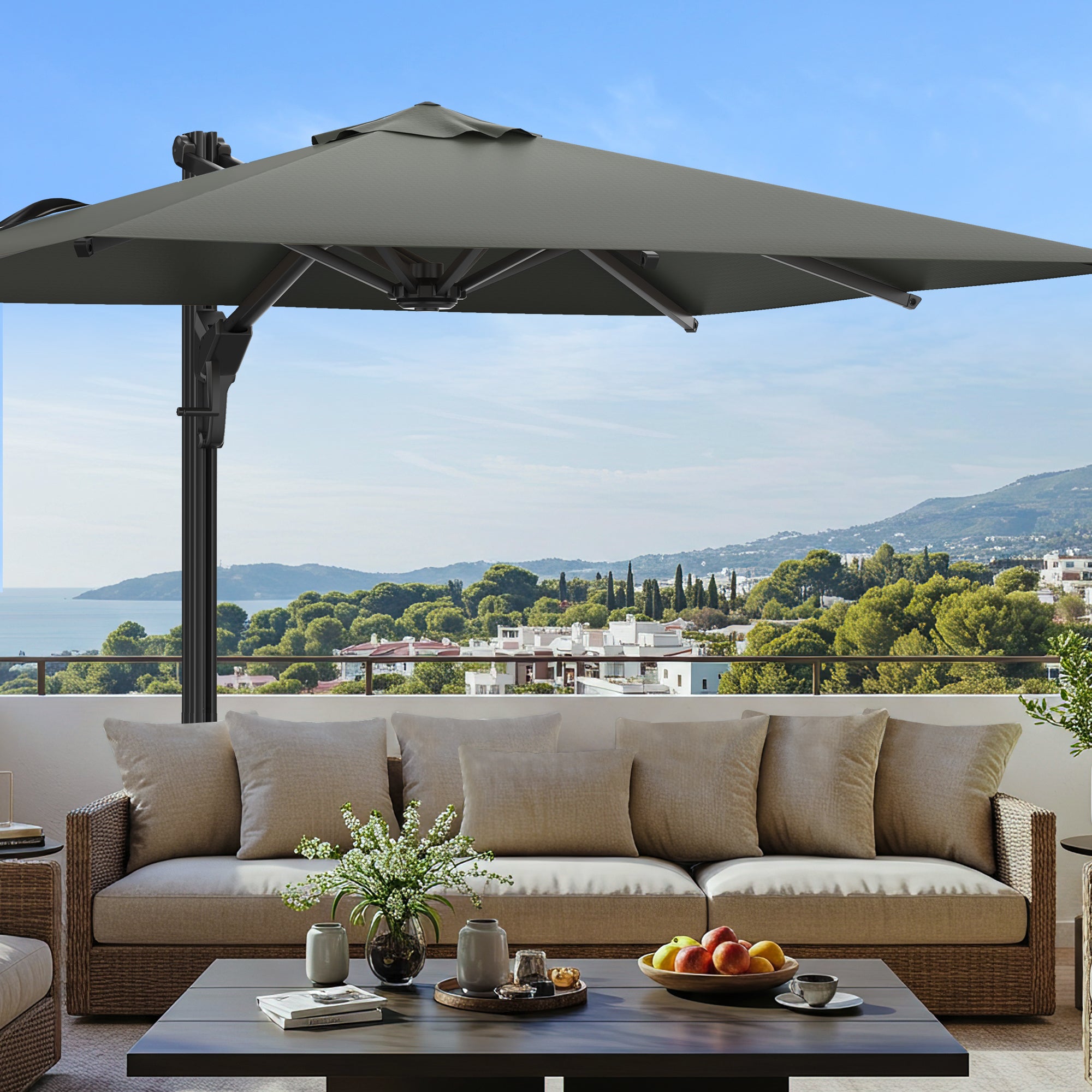 HOMREST 10x10ft Large Rectangular Cantilever Umbrella with 360° Rotation & 6 Adjustable Heights, Gray (Base Excluded)