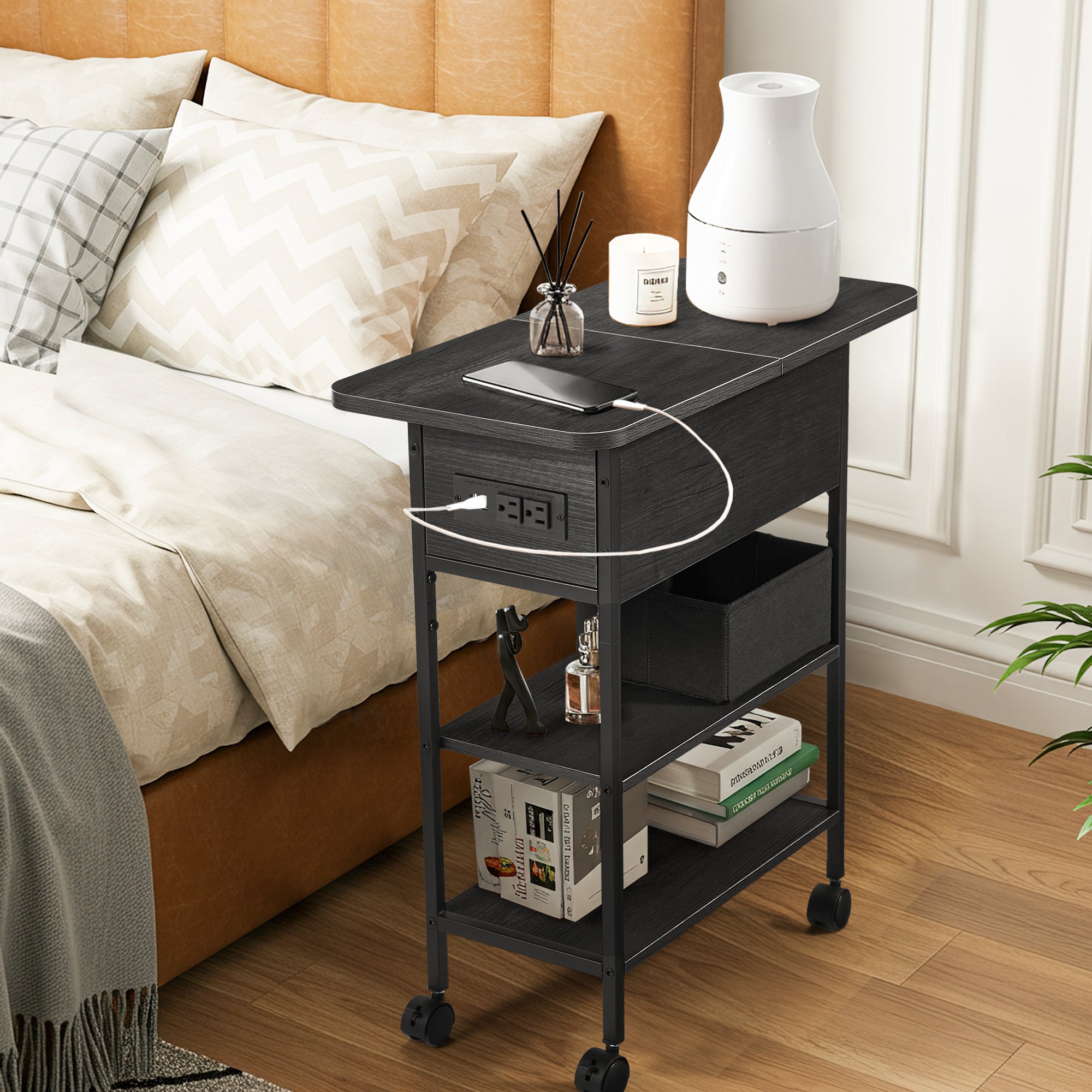 HOMREST Multi-Functional Flip Side Table, 360° Swivel Wheels & Storage Shelf for Living Room/Bedroom, Rustic Brown Wood End Table, Black