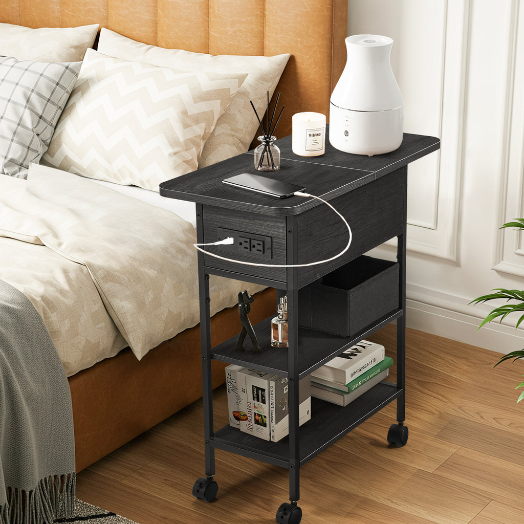 HOMREST Multi-Functional Flip Side Table, 360° Swivel Wheels & Storage Shelf for Living Room/Bedroom, Rustic Brown Wood End Table, Black