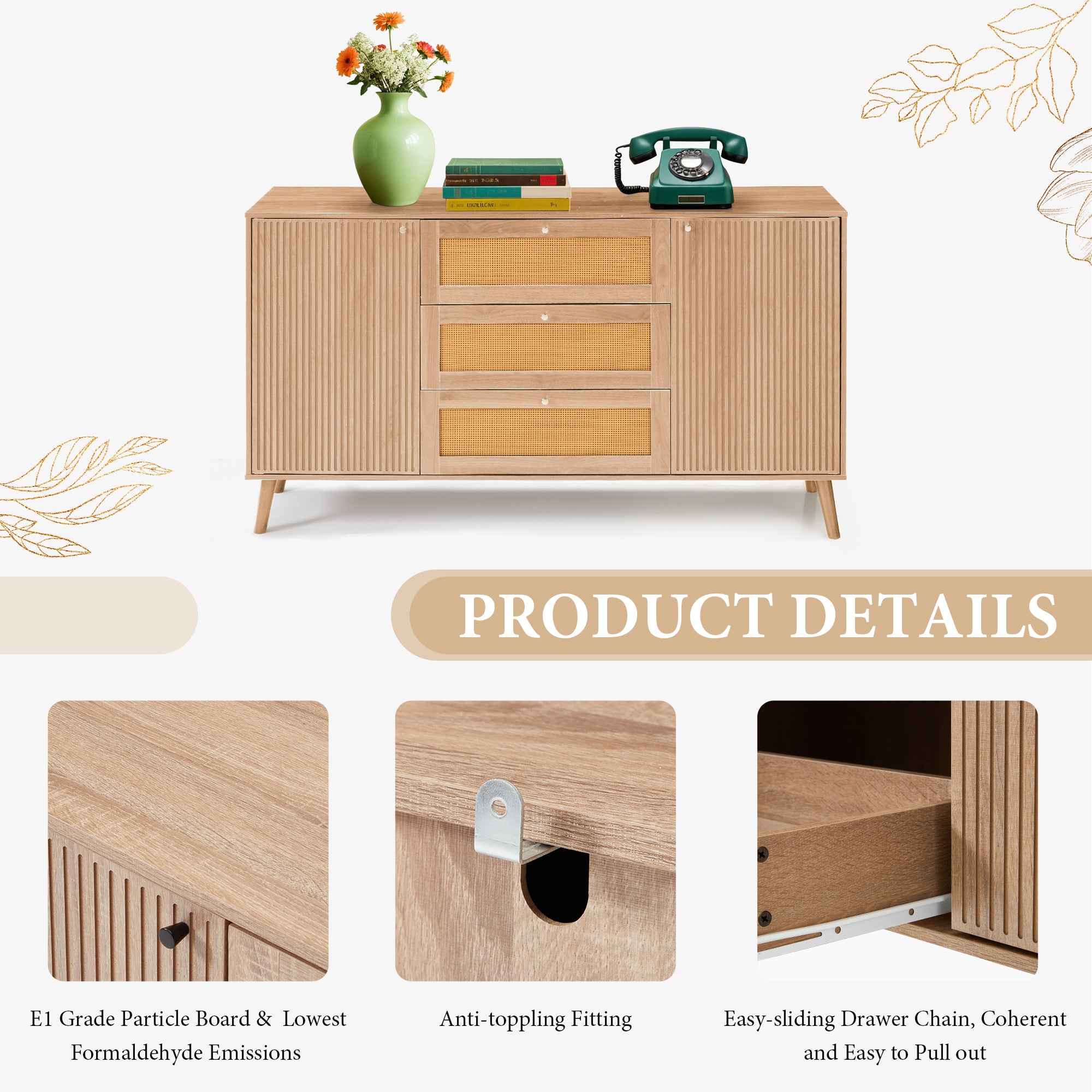 HOMREST Solid Wood Sideboard Buffet Cabinet, Mid-Century Credenza for Living Room, Entryway, Light wood