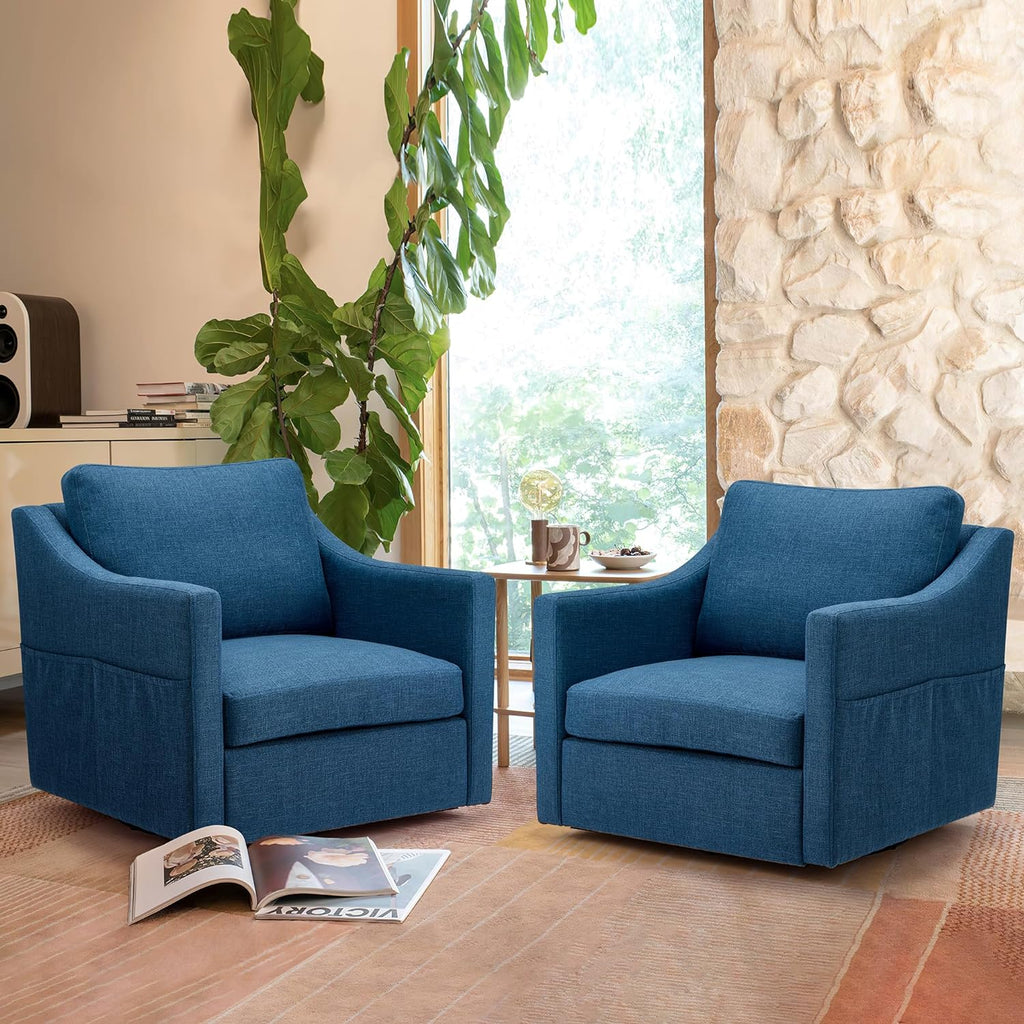 Swivel accent chair set of 2, linen fabric armchair with removable cover for living room, blue 