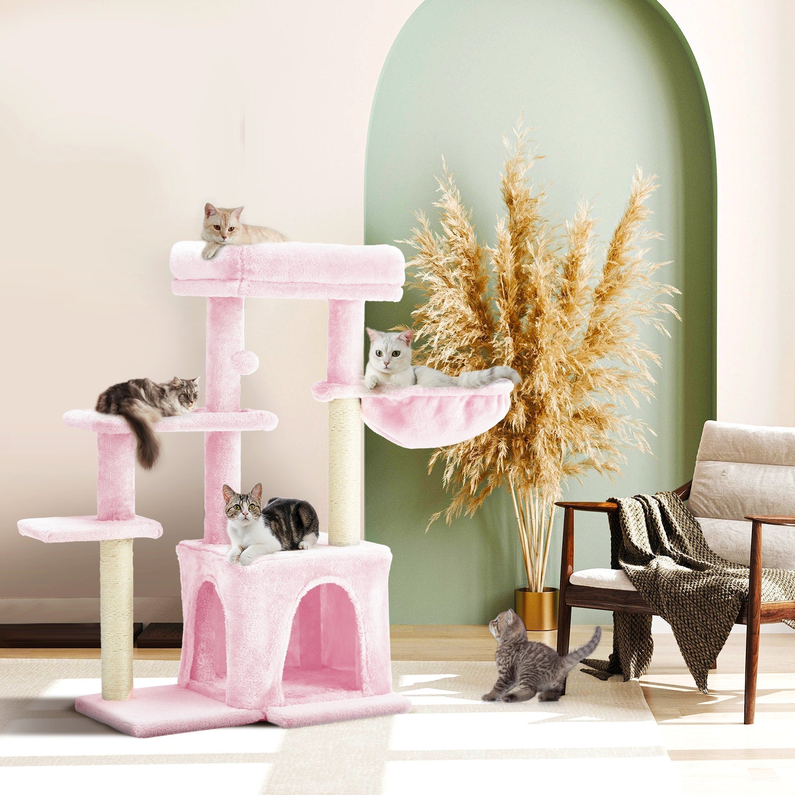 HOMREST 33 inches Multi-Level Cat Tree Cat Tower for Indoor Cats, Cat Condo with Scratching Post, Pink