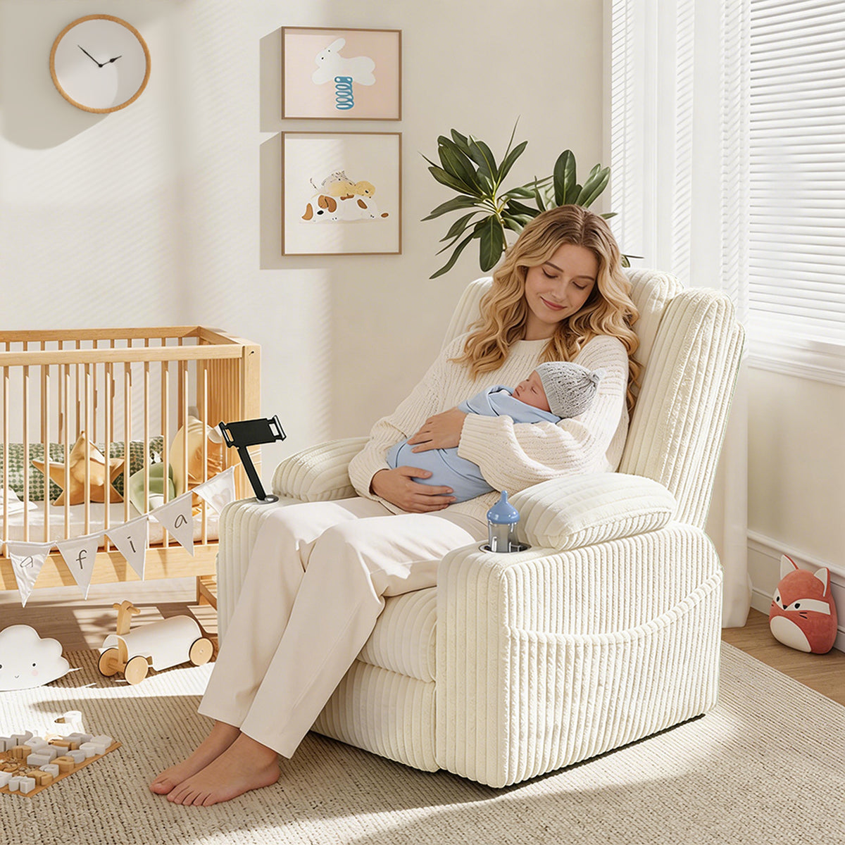 HOMREST Power Oversized Swivel Rocker Recliner with Massage and Heat, Nursery Rocking Chairs for Living Room, Beige