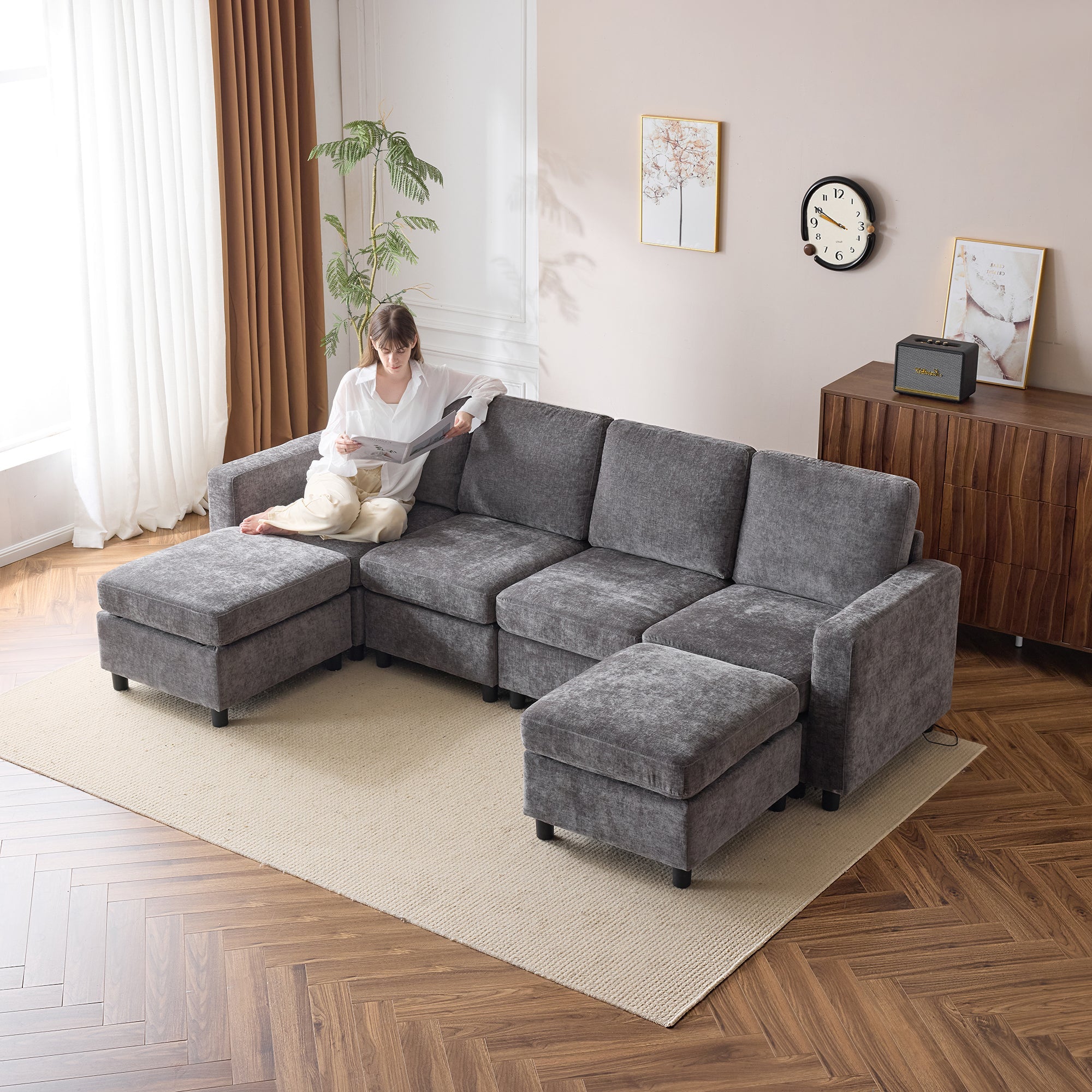 Homrest 6  Piece Modular Sectional Couch with Storage, 4 Single Seats, 2 ottomans, Dark Gray