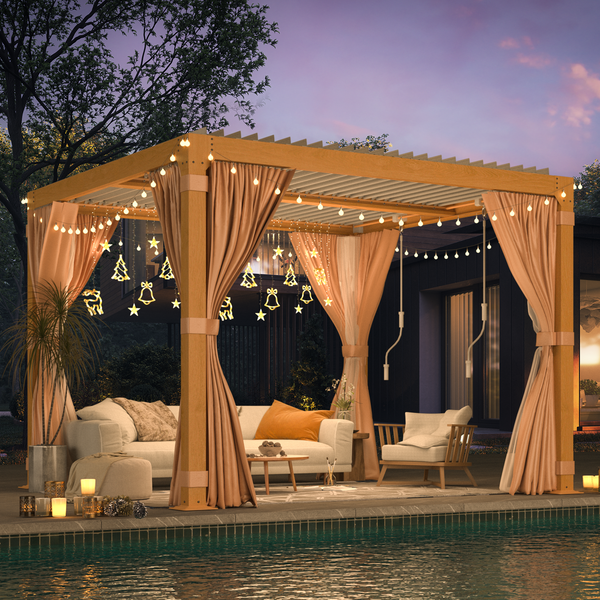 HOMREST Louvered Pergola 10x10 Outdoor Hard Top Pergola with Aluminum Frame and Adjustable Metal Rainproof Roof for Garden & Patio, Curtains and Netting Included, Wood Grain